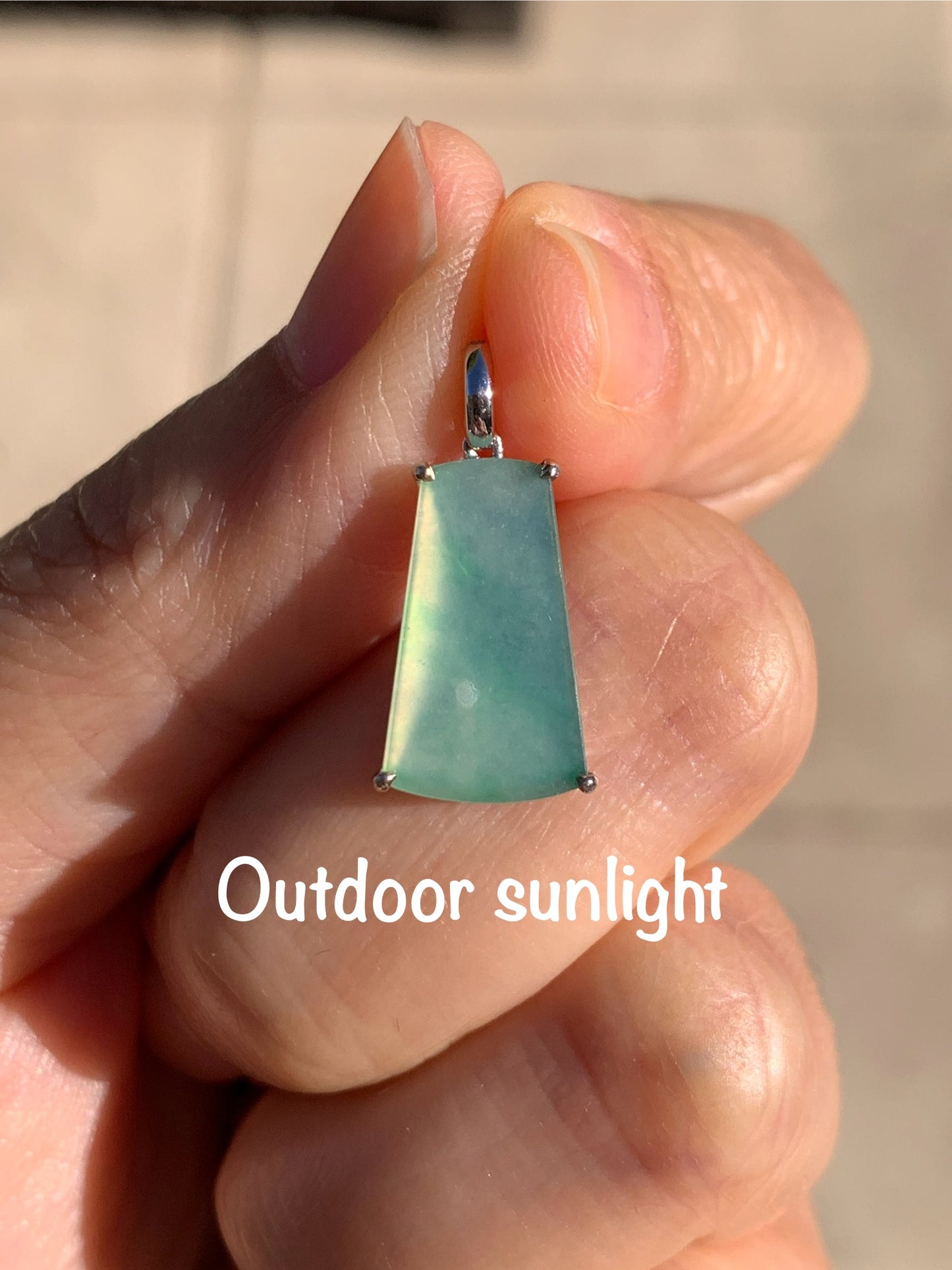 Petite Certified Natural  Icy Highly Translucent Light Green Jadeite Wu Shi Pai Amulet 18K White Gold 1.26g 天然冰果绿翡翠无事牌镶嵌吊坠 6890