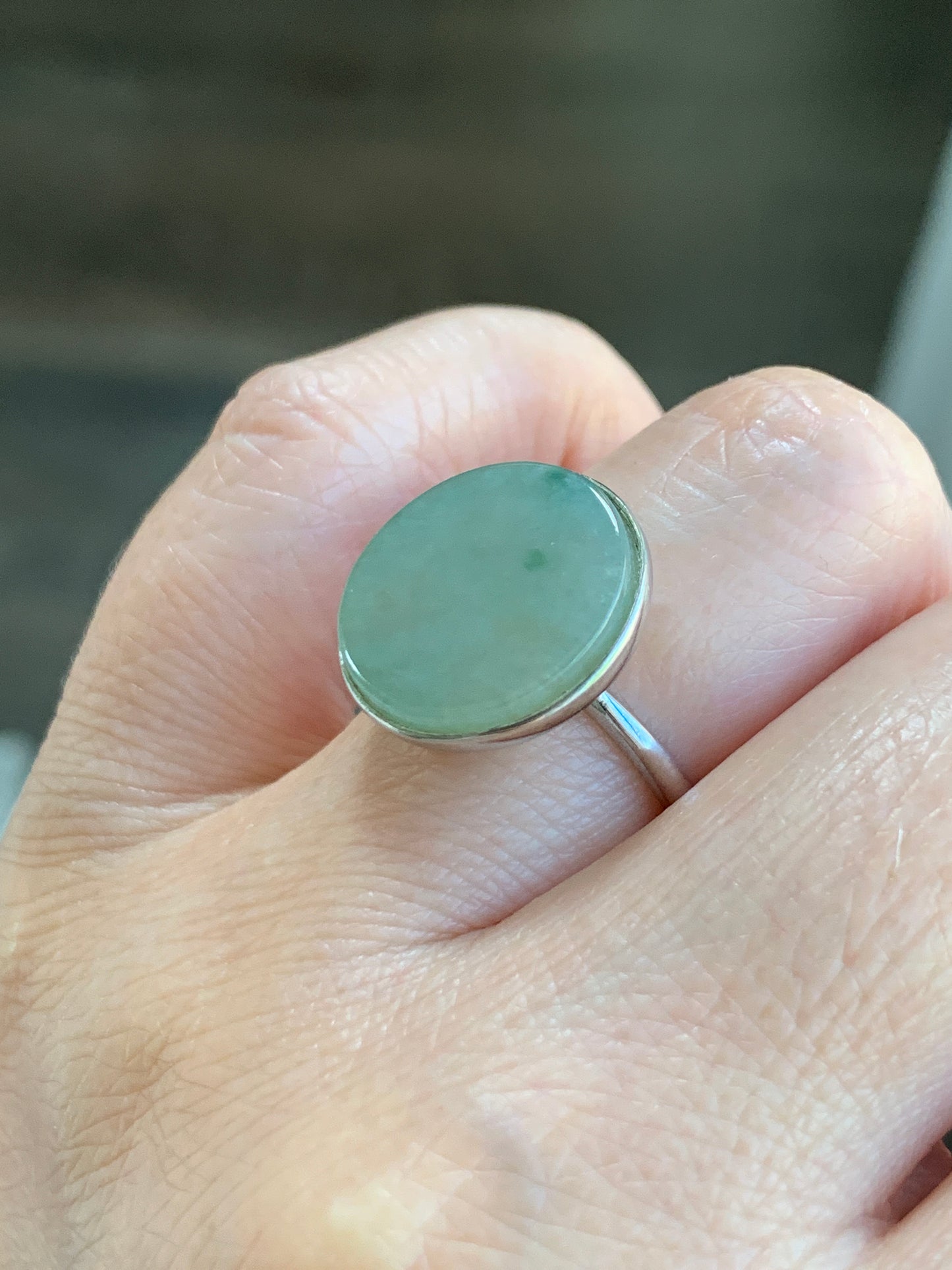 Natural Grade A Icy Translucent Gelatinous Dusty Green w/ Green Marbling Jade Jadeite Disc Ring S925 Silver Size Adjustable 天然晴绿飘花翡翠无事牌银镶戒指 WSP