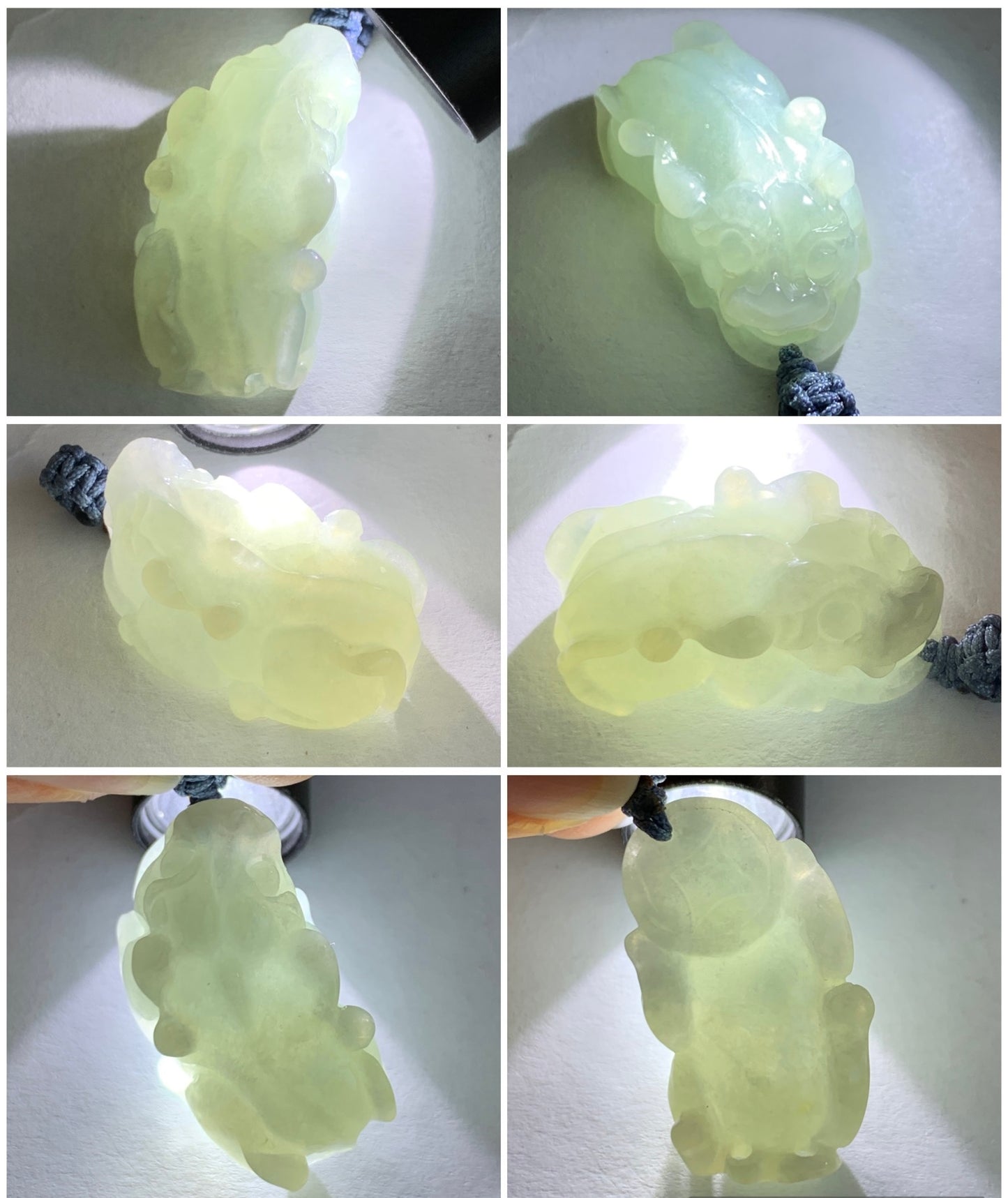 Natural Grade A Icy Translucent Gelatinous Pastel Dusty Blue Jadeite Pixiu Pendant Rope Bail with Black Cord Necklace 11g 天然冰胶淡蓝翡翠貔貅吊坠
