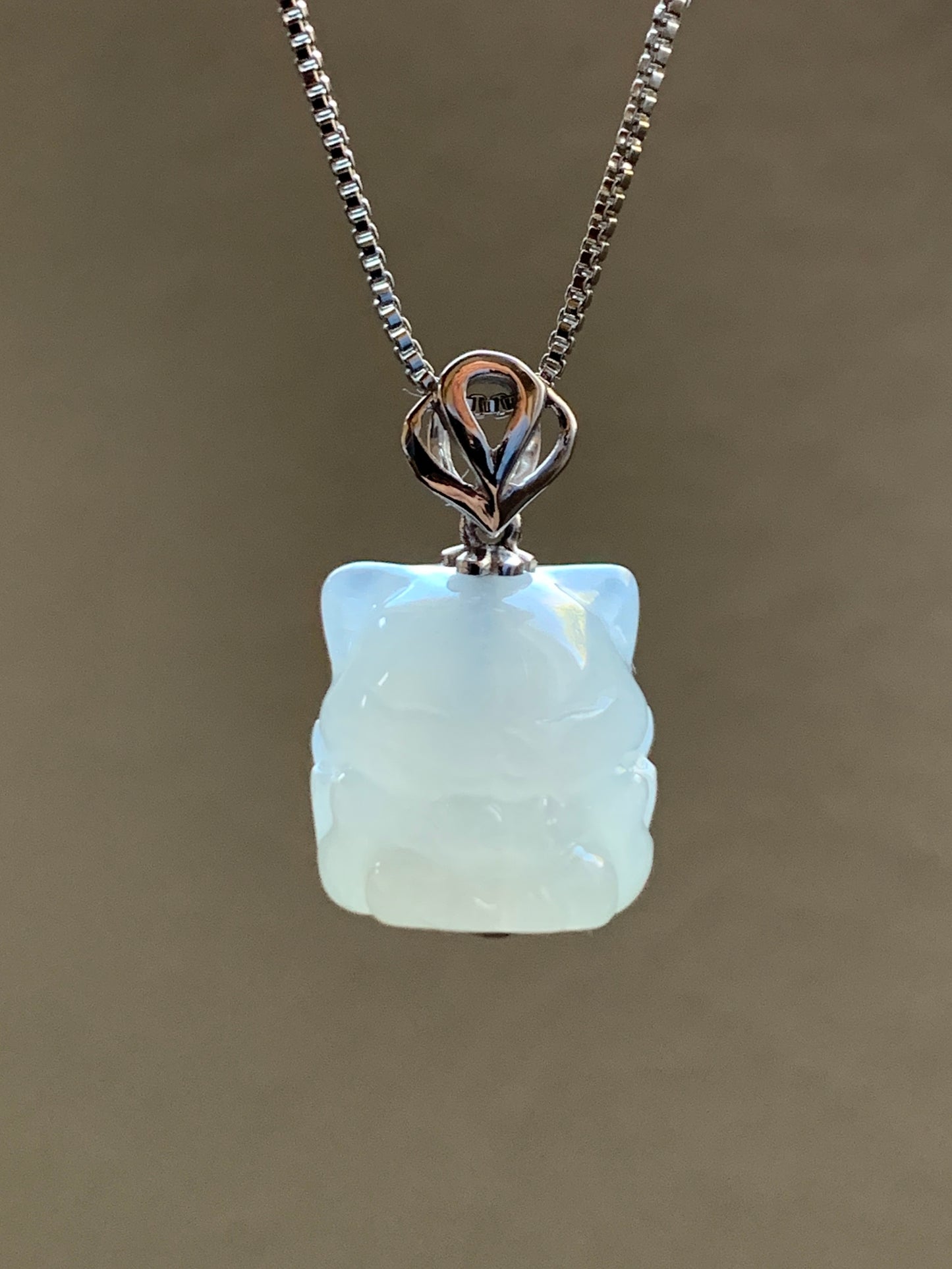 Certified Natural Grade A Icy Translucent & Gelatinous White Jadeite 3D Carved Nine-Tailed Fox Pendant 18K White Gold 天然白冰起胶翡翠九尾狐狸镶嵌吊坠 6756