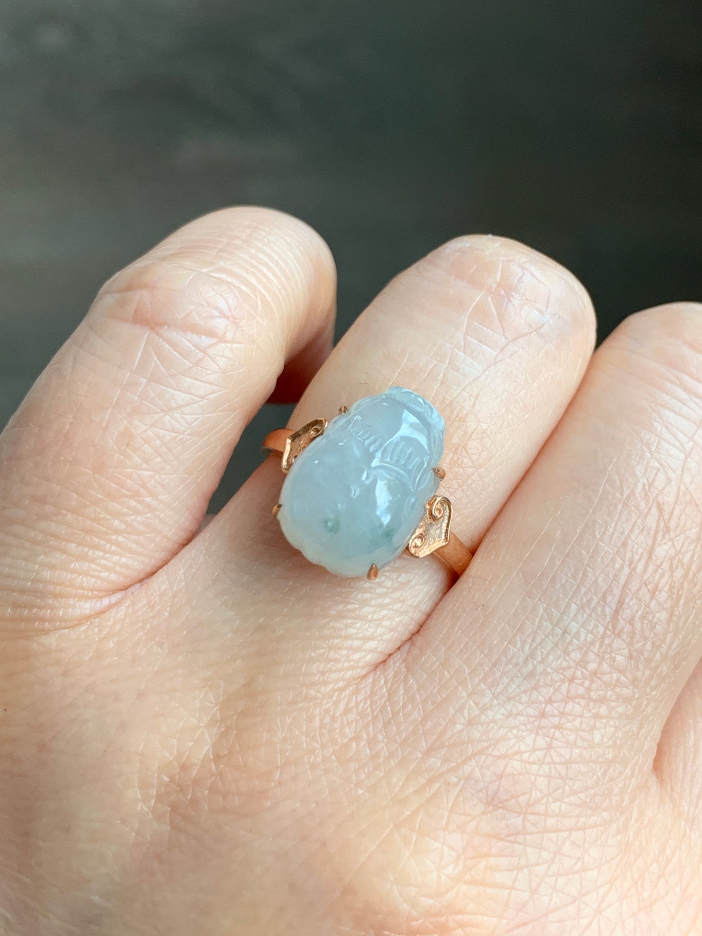 Certified Natural Grade A Icy Translucent Gelatinous Green Marbled Jadeite Pixiu Ring Size 7 18K Rose Gold  3.74g 天然冰淡晴底飘花翡翠貔貅镶嵌戒指 7065