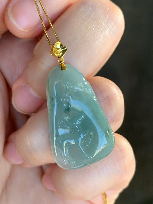 Certified Natural  grade A Icy Translucent Green Jadeite Deer Engraved Pendant with 18K Yellow Gold Bail 天然翡翠正冰满绿飘花鹿牌镶嵌吊坠