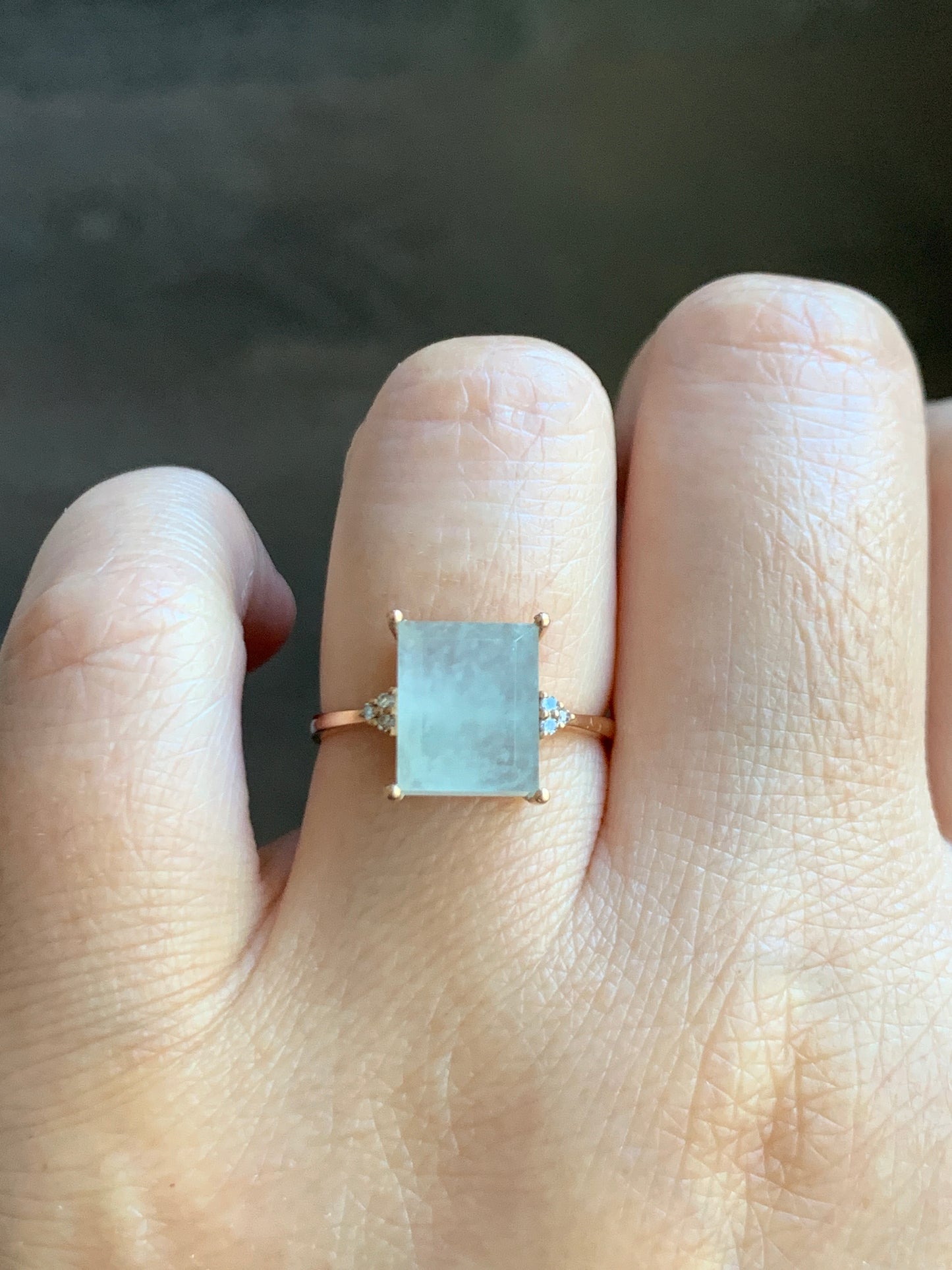 Certified Natural Grade A Icy Highly Translucent Pastel Green Emerald Cut Jadeite Ring 18K Rose Gold Diamonds Size 7 天然正冰晴底雪花棉翡翠切割面钻石镶嵌戒指