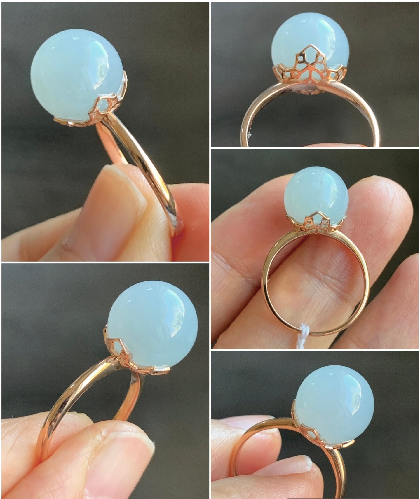 Certified Natural Grade A Icy Translucent Gelatinous Light Blue Jadeite Sphere Round Bead Ring 18K Rose Gold 4.71g sz 7 US 天然A货冰胶淡蓝翡翠单珠镶嵌戒指