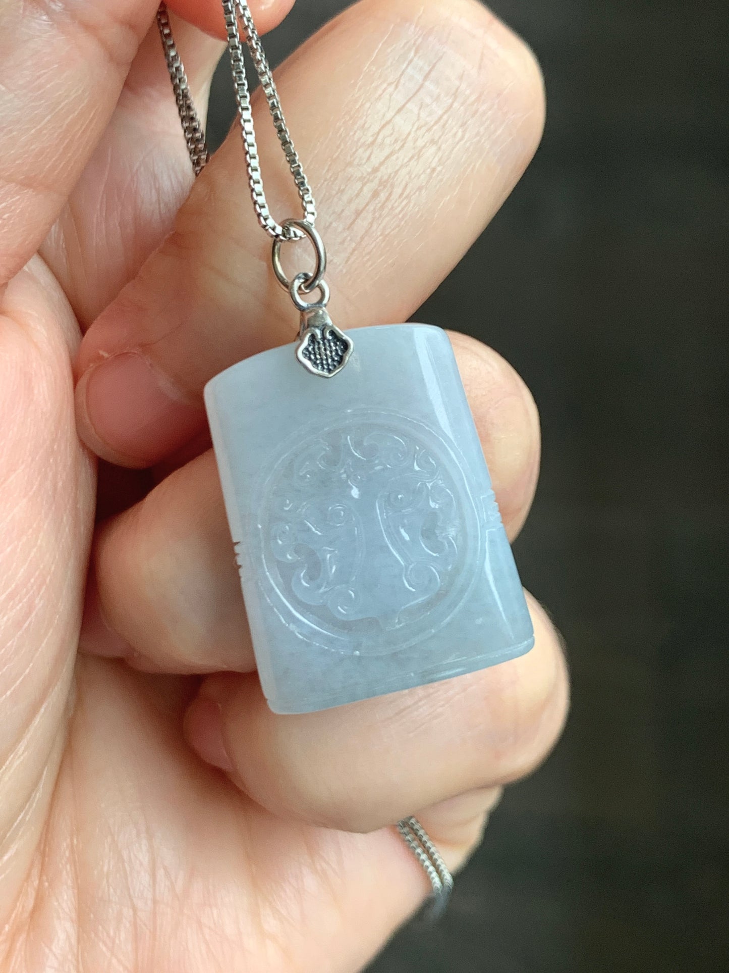 Natural Grade A Icy Translucent Pastel Blue Jade Jadeite Tao Tie Mythological Beast Tag Pendant Sterling Silver 7g 天然冰淡蓝底翡翠饕餮牌吊坠 TTE180