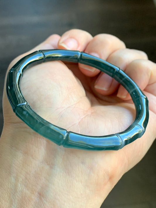 Natural Grade A Icy Translucent Gelatinous Dark Teal Green Jadeite Carved Bamboo Bangle Bracelet 56.6mm 7” 20g 天然冰危深篮绿翡翠竹节手镯 ZJ480-3