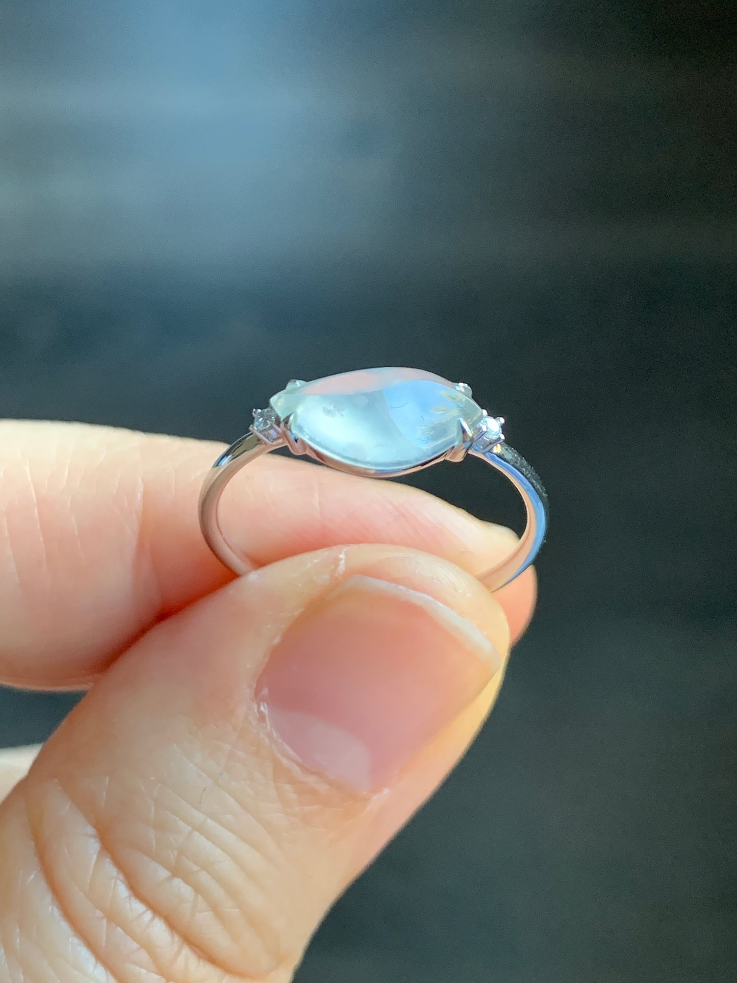 Certified Natural Grade A Premium Icy White Jadeite Horse Eye Cabochon Ring 18K White Gold Diamonds Size 7 US 1.65g 天然高冰木纳翡翠马眼镶嵌戒指 7066