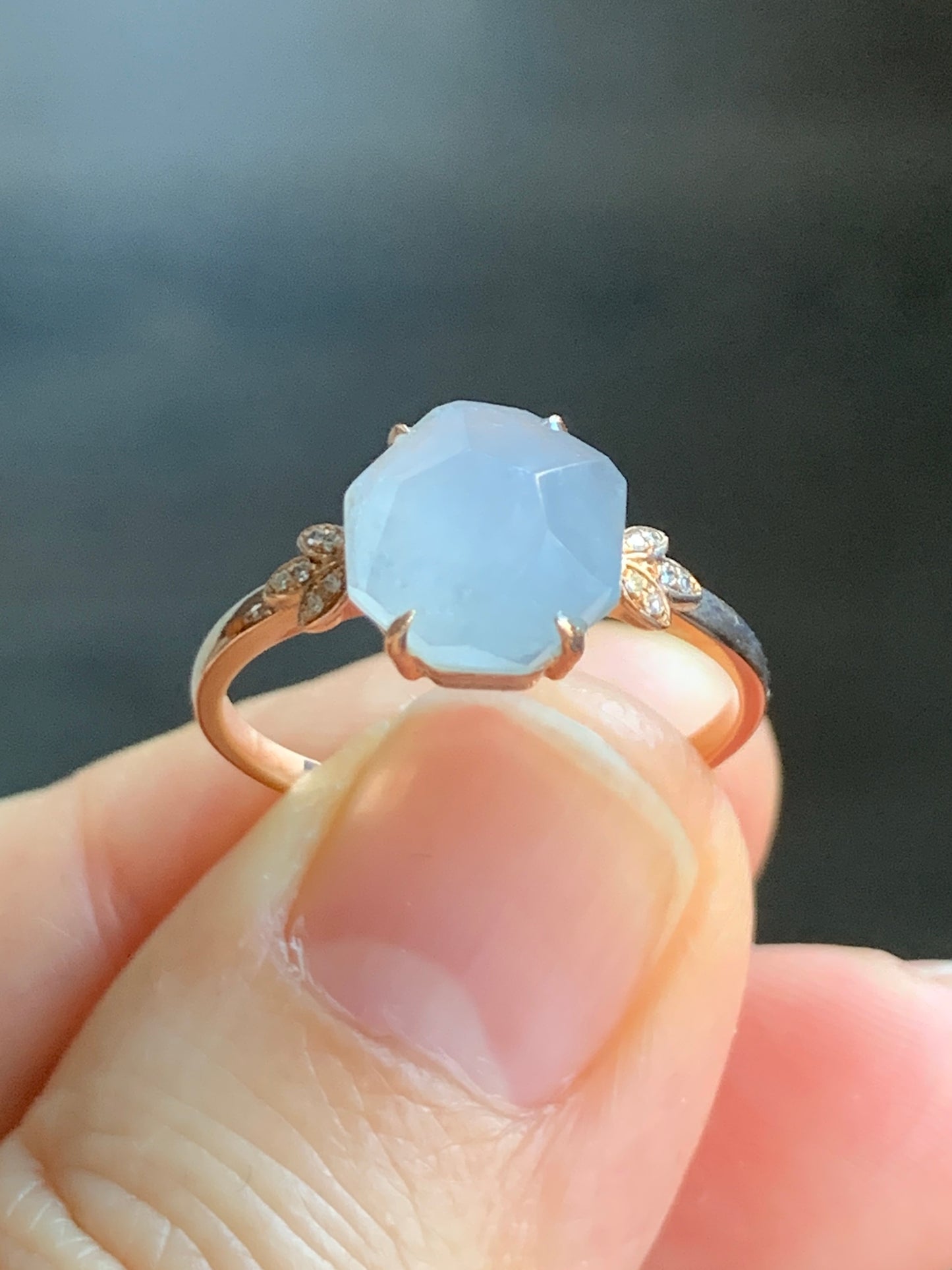 Certified Grade A Natural Icy Translucent Light Purple Jadeite Faceted Cabochon Ring 18K Rose Gold Diamonds Size 7 US 2.26g 天然冰紫翡翠切割面镶嵌钻石戒指
