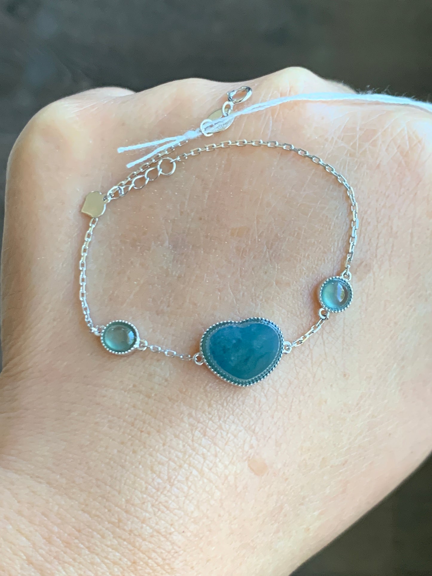 Certified Natural  Icy Translucent Teal Blue Jadeite Heart Bracelet 18K White Gold 5.75"-6.25” 天然湖水蓝翡翠爱心切割面白金手链
