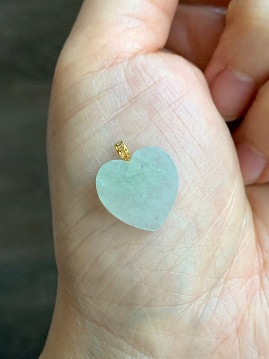 Natural  Highly Translucent Icy Light Green Jadeite w/ White Marbling Heart Pendant 18K Yellow Gold Bail 17” Cord 天然冰晴莫西沙翡翠爱心镶嵌吊
