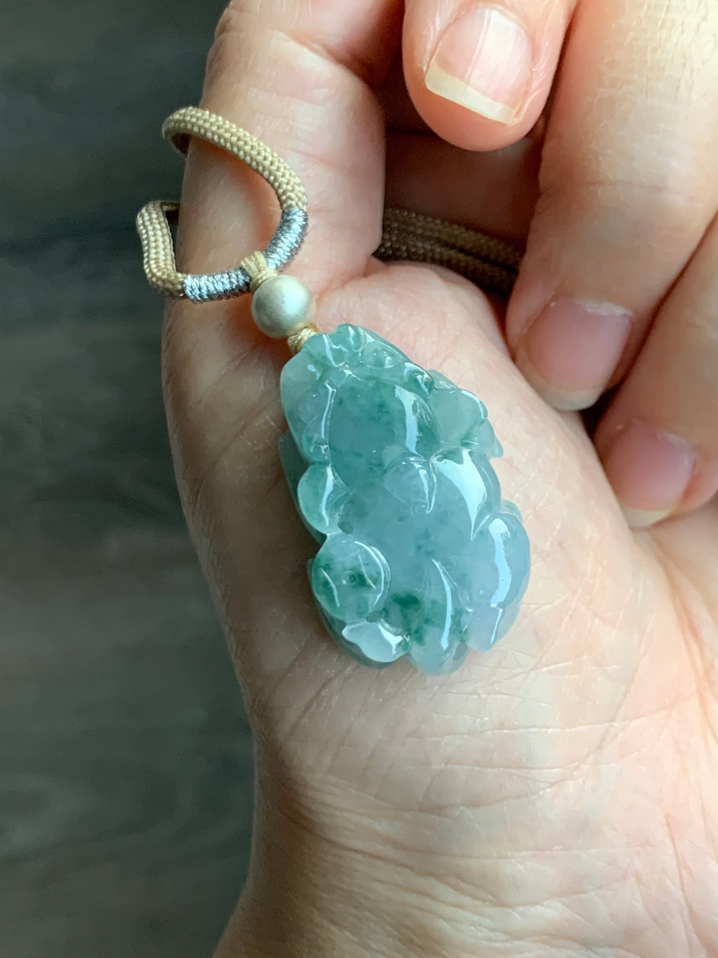 Natural  Icy Translucent Gelatinous Teal Green Marbled Jadeite Pixiu Pendant Rope Necklace Sterling Silver 14g 天然冰胶飘花翡翠貔貅吊坠