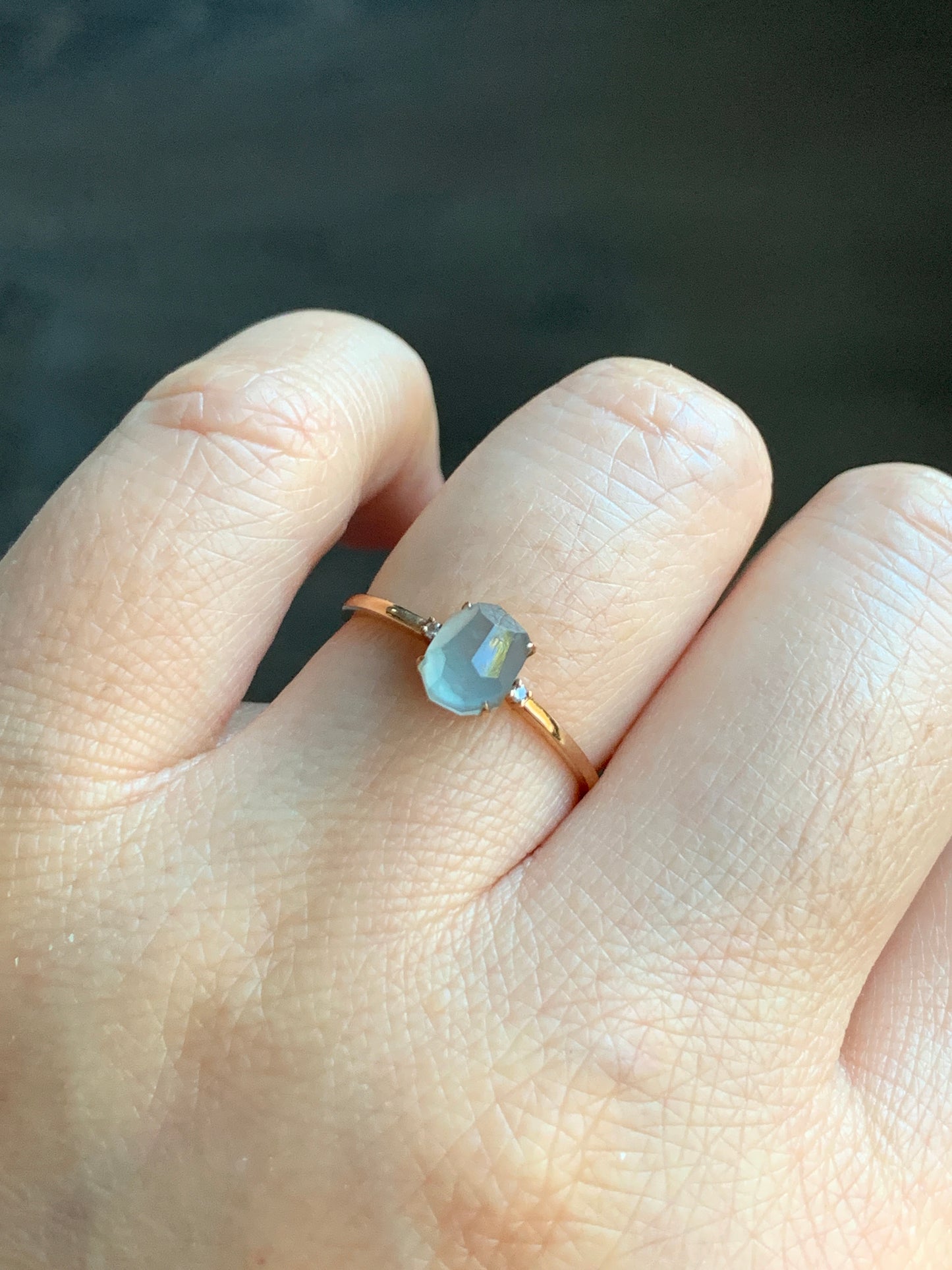 Certified Natural Grade A Icy Translucent Light Blue Jadeite Faceted Cabochon Solitaire Ring 18K Rose Gold Diamonds Sz 7 天然天空蓝翡翠切割面钻石镶嵌戒指