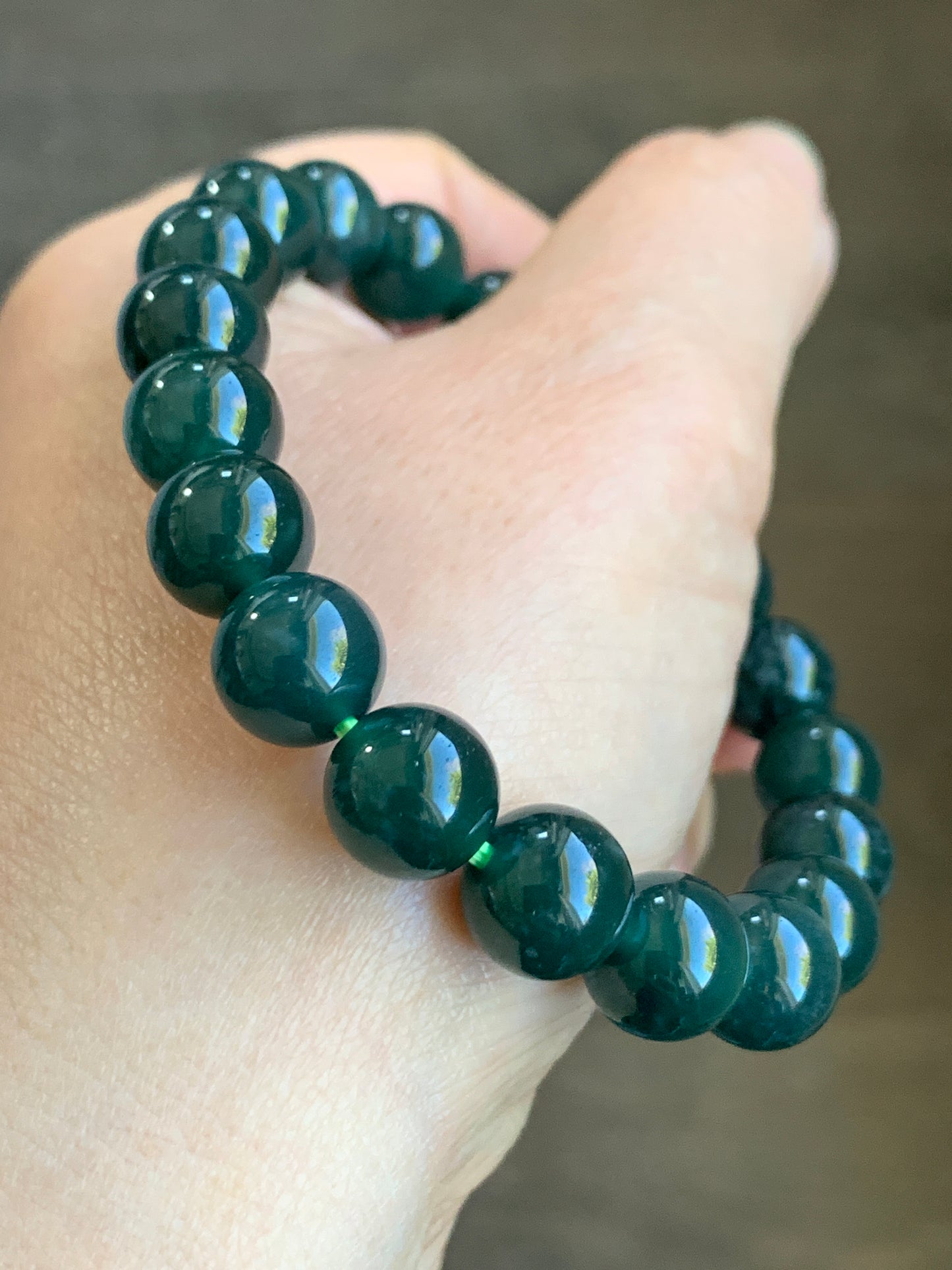 Natural Grade A Icy Translucent Gelatinous Dark Teal Green Jadeite Beaded Bracelet 9.9mm 7.25” 34g WLC300