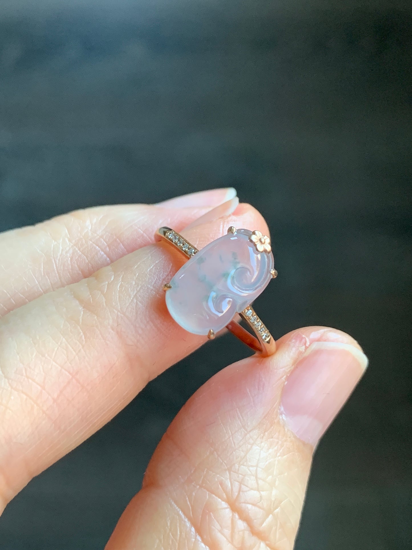 Certified Natural Garde A Premium Icy Translucent Teal Green Marbled Jadeite Ruyi Ring 18K Rose Gold Diamonds Size 7 天然翡翠冰胶飘花如意钻石镶嵌戒指 560