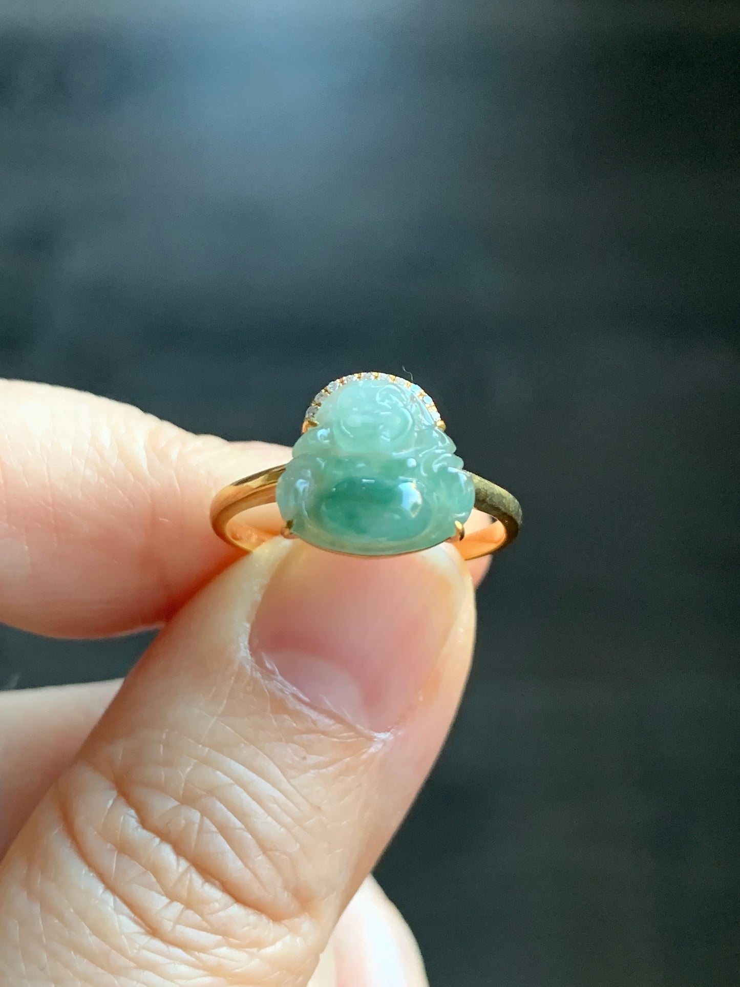 Certified Natural Grade A Icy Translucent light Green & Green Marbled Jadeite Buddha Ring 18K Yellow Gold Diamonds Size 7 天然冰飘绿花翡翠小佛公钻石镶嵌戒指