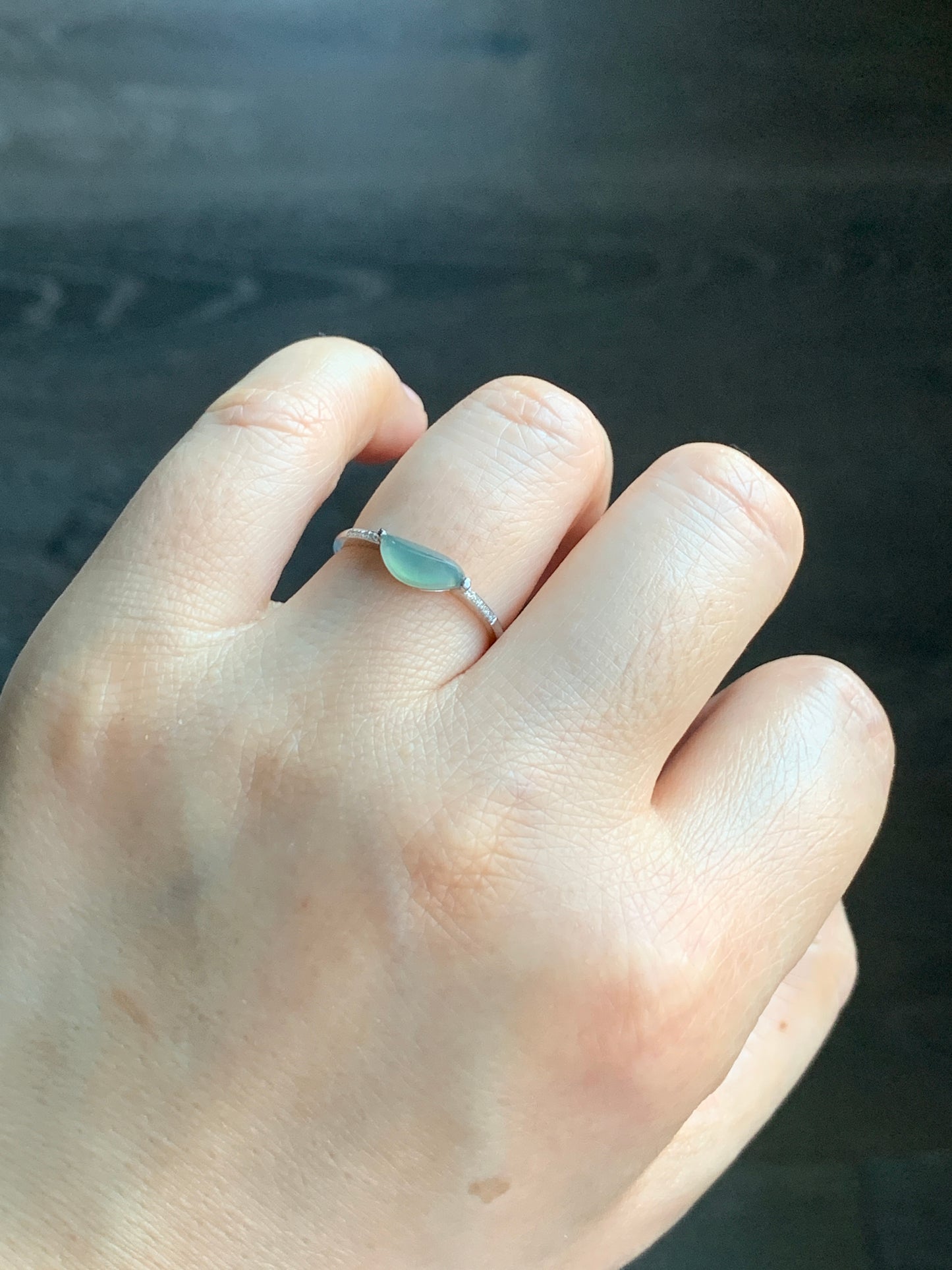 Certified Icy Highly Translucent Light Green Jadeite Horse Eye Cabochon Ring 18K White Gold  Diamonds Sz 7 US 1.38g 天然冰晴绿翡翠马眼钻石镶嵌戒指 3843