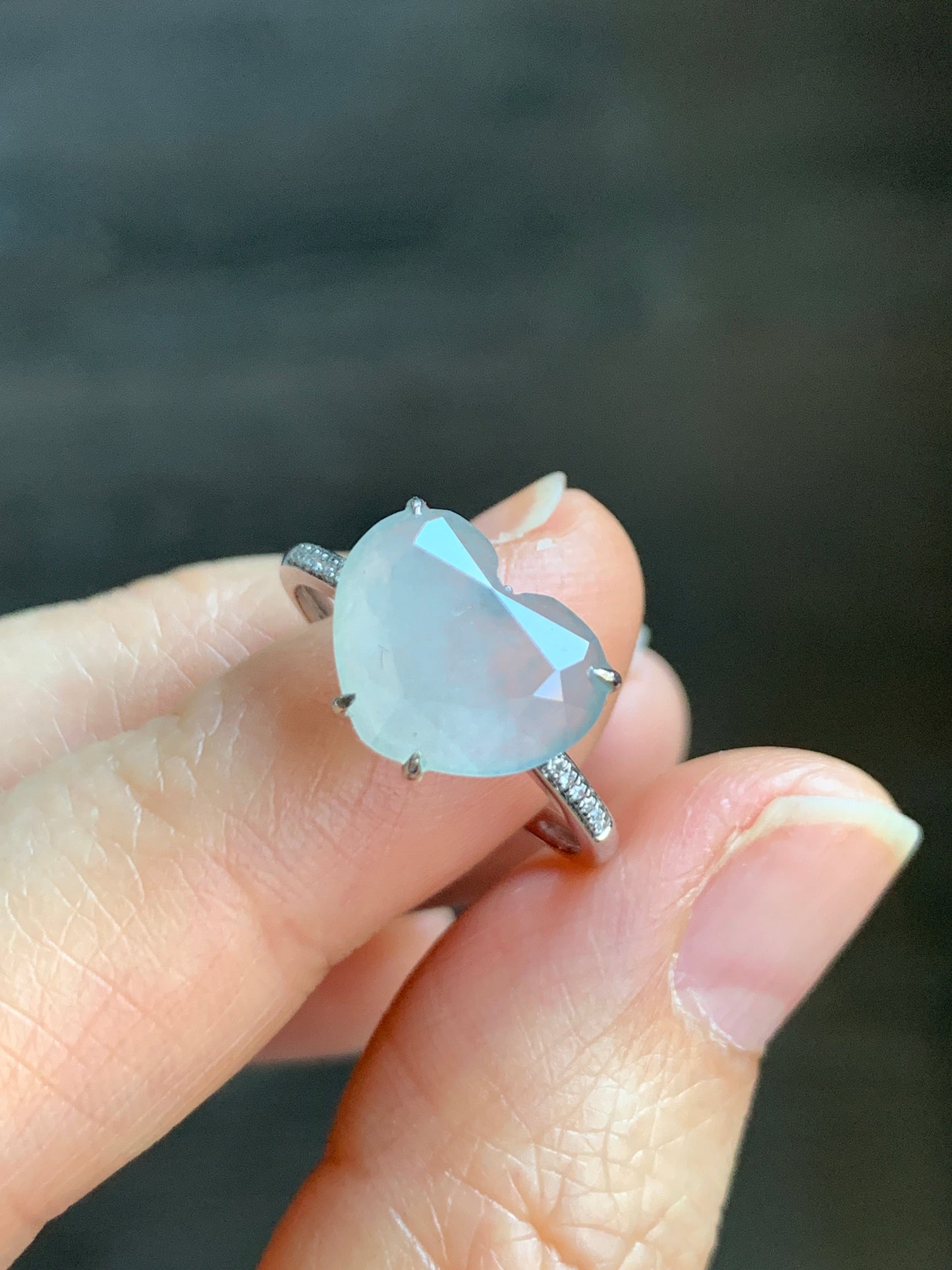 Certified Natural Grade A Premium Icy White Jadeite Diamond Faceted Heart Ring Natural Diamonds 18K White Gold Sz 7 天然正冰白水翡翠切割面爱心钻石镶嵌戒指 5665