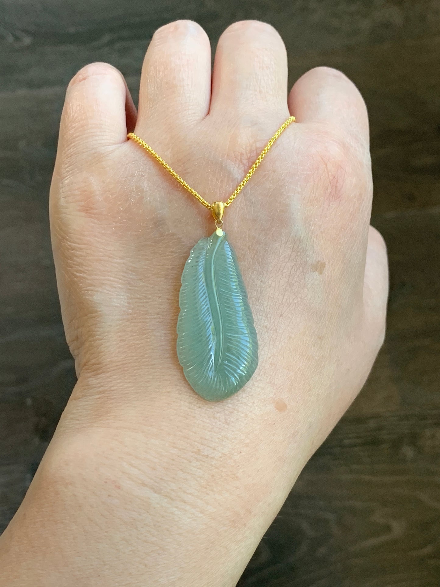 Natural Grade A Icy Translucent Light Green Jade Jadeite Carved Large Feather Pendant 18K Yellow Gold Bail 天然冰绿翡翠羽毛镶嵌吊坠 MQL228