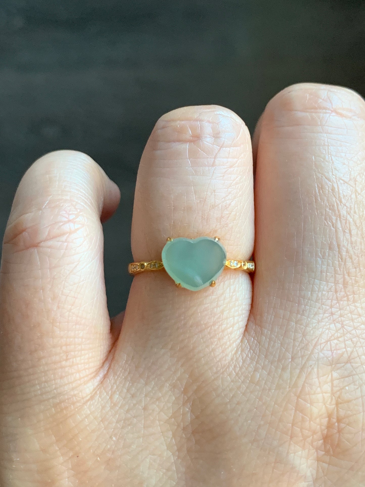 Certified Grade A Natural Premium Icy Light Green Faceted Jadeite Heart Cabochon 18K Yellow Gold Diamond Ring Sz 6.75 US 2.1g 天然正冰晴底翡翠切割面爱心钻石戒指