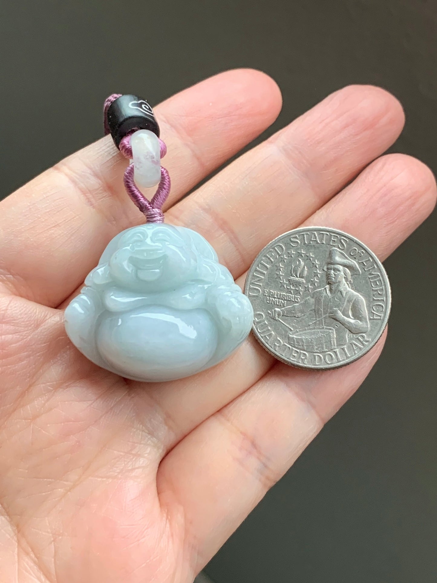 Natural  Translucent Light Bluish Green Jadeite Buddha Pendant Rope Necklace 25” 天然细糯晴蓝底翡翠佛公吊坠