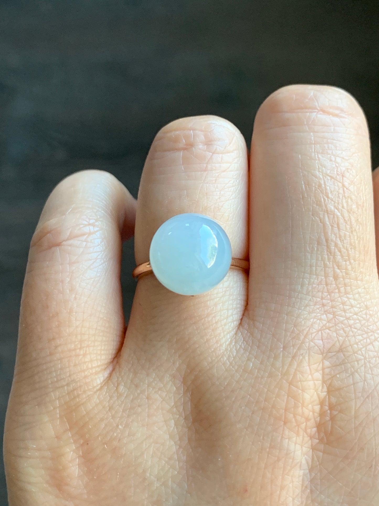 Certified Natural Grade A Icy Translucent Gelatinous Light Blue Jadeite Sphere Round Bead Ring 18K Rose Gold 4.71g sz 7 US 天然A货冰胶淡蓝翡翠单珠镶嵌戒指