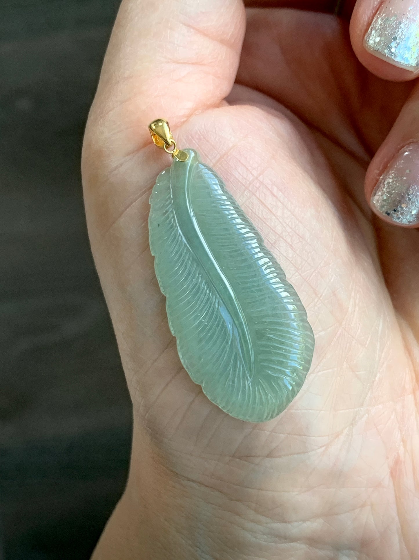 Natural Grade A Icy Translucent Light Green Jade Jadeite Carved Large Feather Pendant 18K Yellow Gold Bail 天然冰绿翡翠羽毛镶嵌吊坠 MQL228