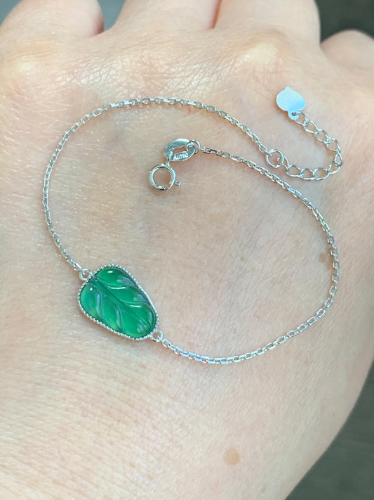 Certified Natural Grade A Guatemalan Green Jade Jadeite Carved Leaf Chain Bracelet 18K White Gold Adjustable 6-6.75” 1.81g 天然冰危绿翡翠叶子镶嵌手链
