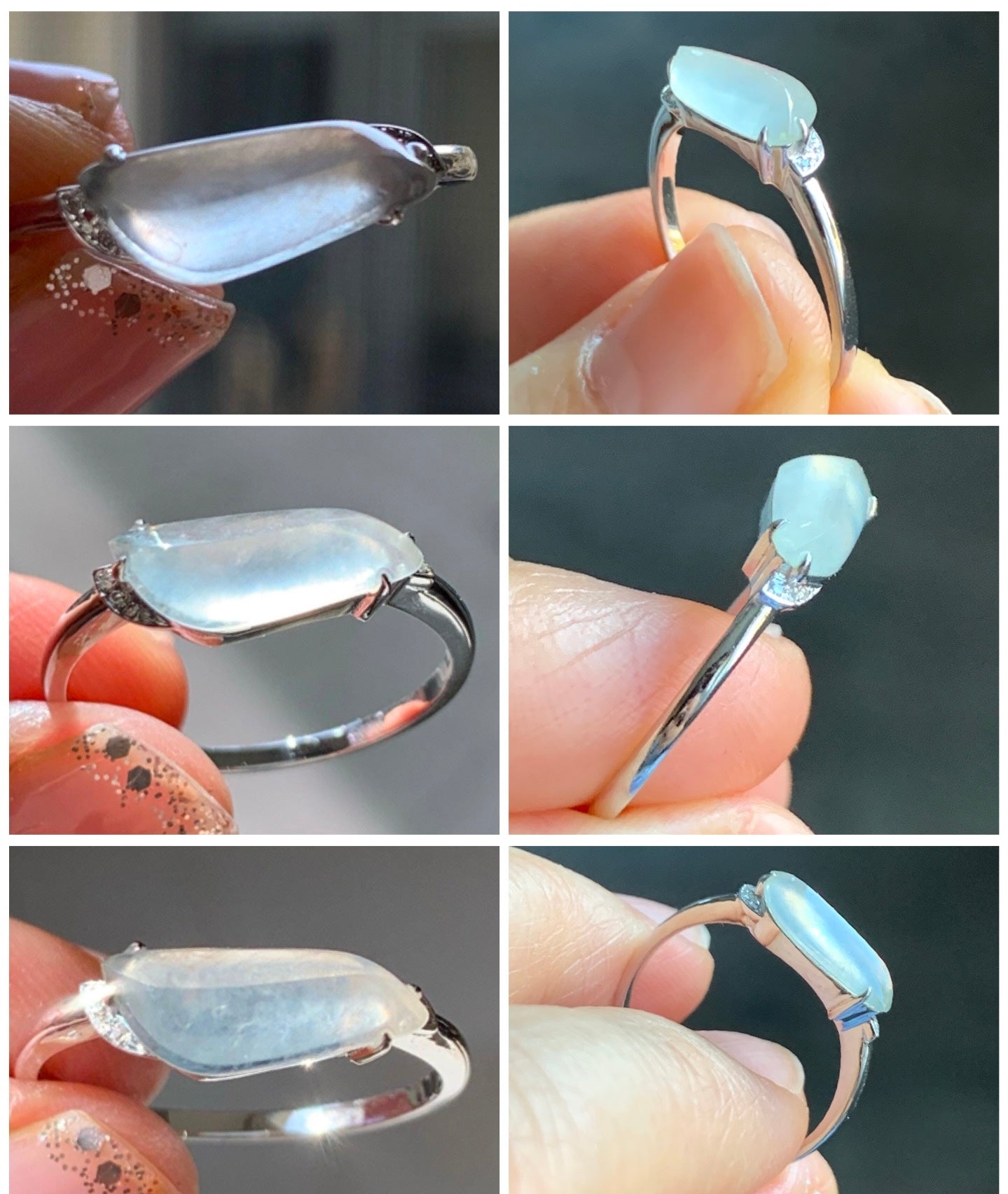 Certified Natural Grade A Icy Highly Translucent White Jadeite Horse Eye Cabochon Ring 18K White Gold Diamonds Size 7 天然起光白冰胶翡翠马眼随形镶嵌戒指 3889