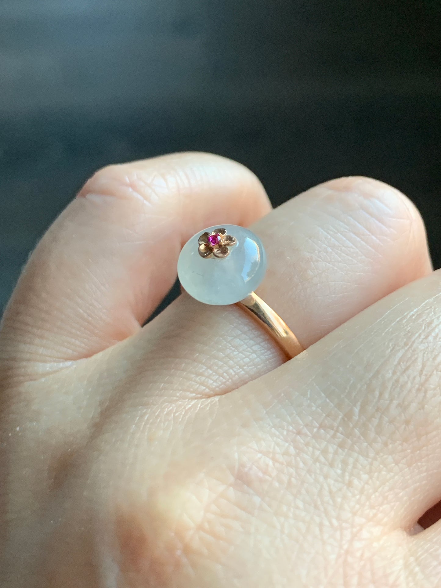 Certified Grade A Icy Highly Translucent Gelatinous White Jadeite Drum Bead Ring 18K Rose Gold & Ruby Sz 7 US 天然正白冰翡翠鼓珠红宝石K玫镶嵌戒指