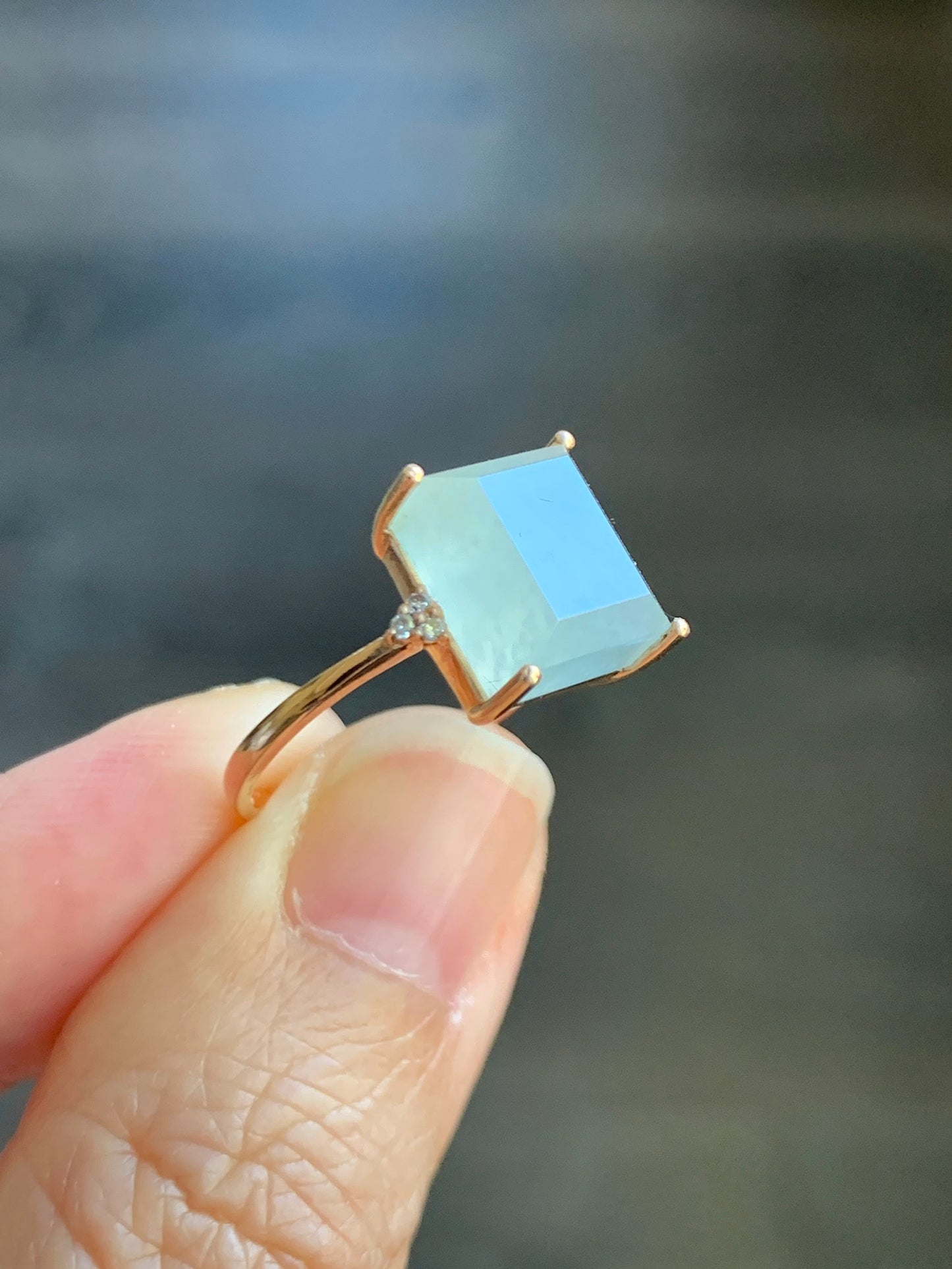 Certified Natural Grade A Icy Highly Translucent Pastel Green Emerald Cut Jadeite Ring 18K Rose Gold Diamonds Size 7 天然正冰晴底雪花棉翡翠切割面钻石镶嵌戒指