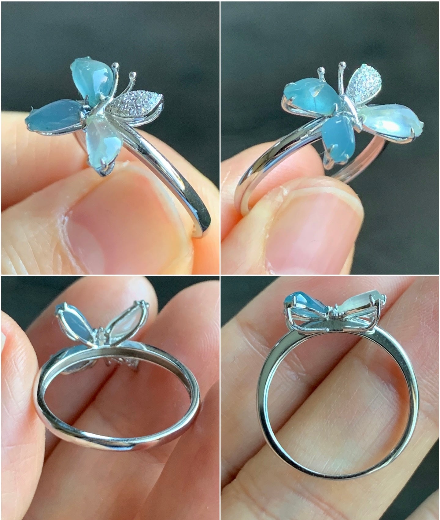 Certified Natural Grade A Guatemalan Premium Icy Blue & White Jadeite Butterfly Ring 18K White Gold Diamonds Sz 7 US 天然危蓝正冰起光翡翠蝴蝶钻石白金镶嵌戒指