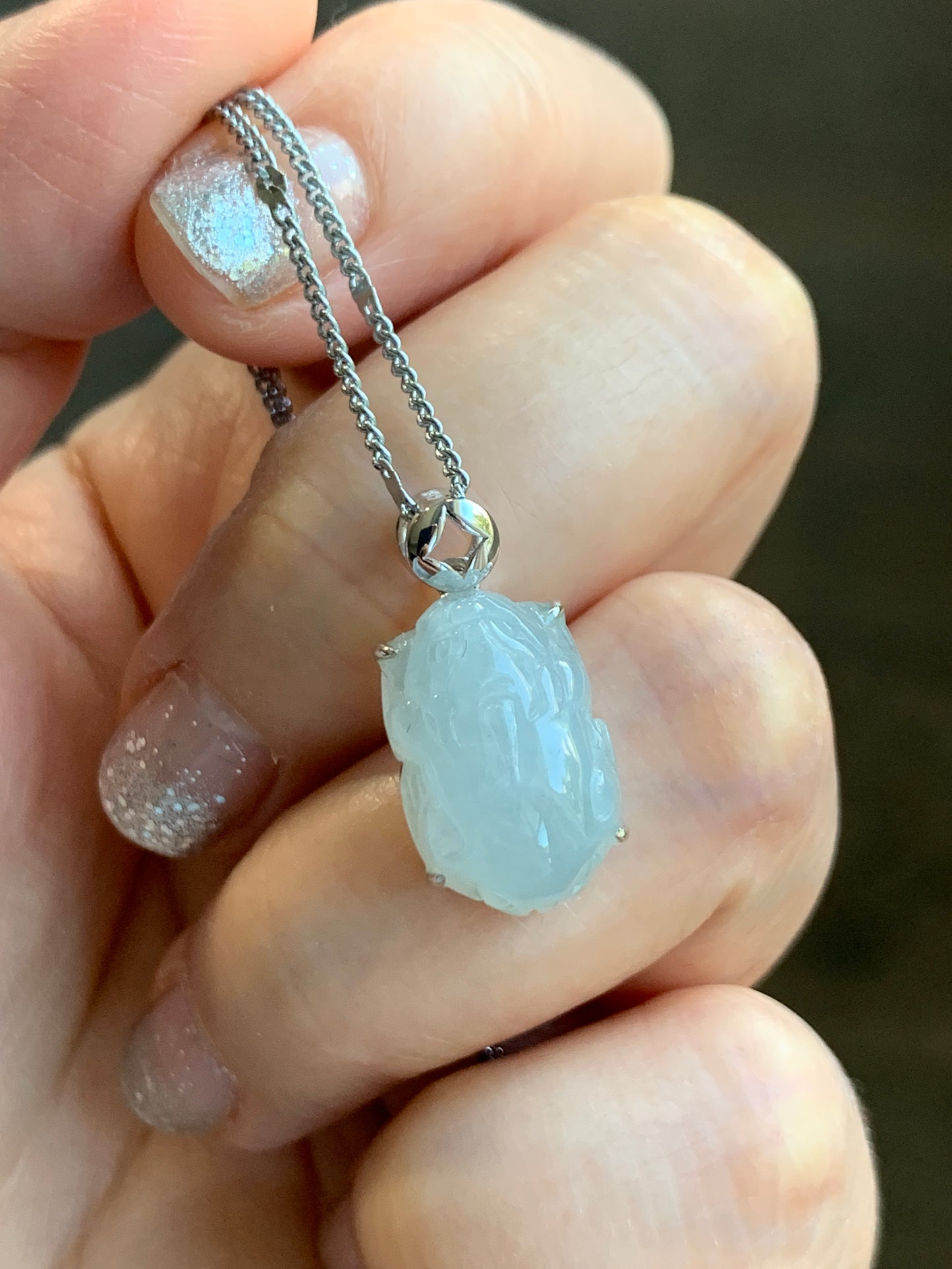 Certified Natural Grade A Icy Translucent Gelatinous Pastel Dusty Blue Jadeite Carved Petite Pixiu Pendant 18K White Gold 天然冰胶淡蓝翡翠貔貅镶嵌吊坠2296