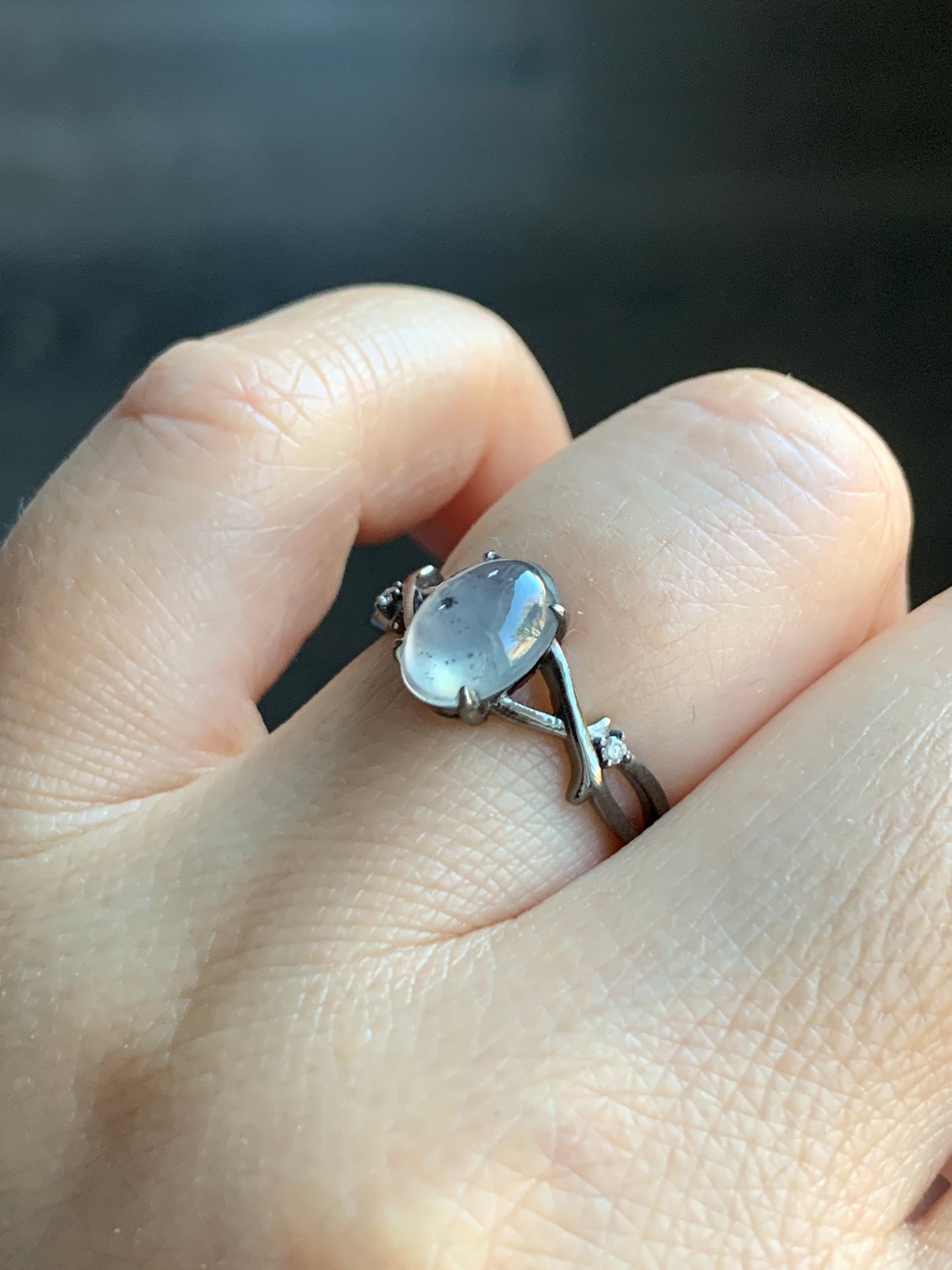Certified Natural Grade A Premium Icy Transparent Wuji Marbled Jadeite Oval Solitaire Ring 18K Black Gold Diamonds Size 6.75 US 天然起光冰乌鸡翡翠黑金钻石戒指