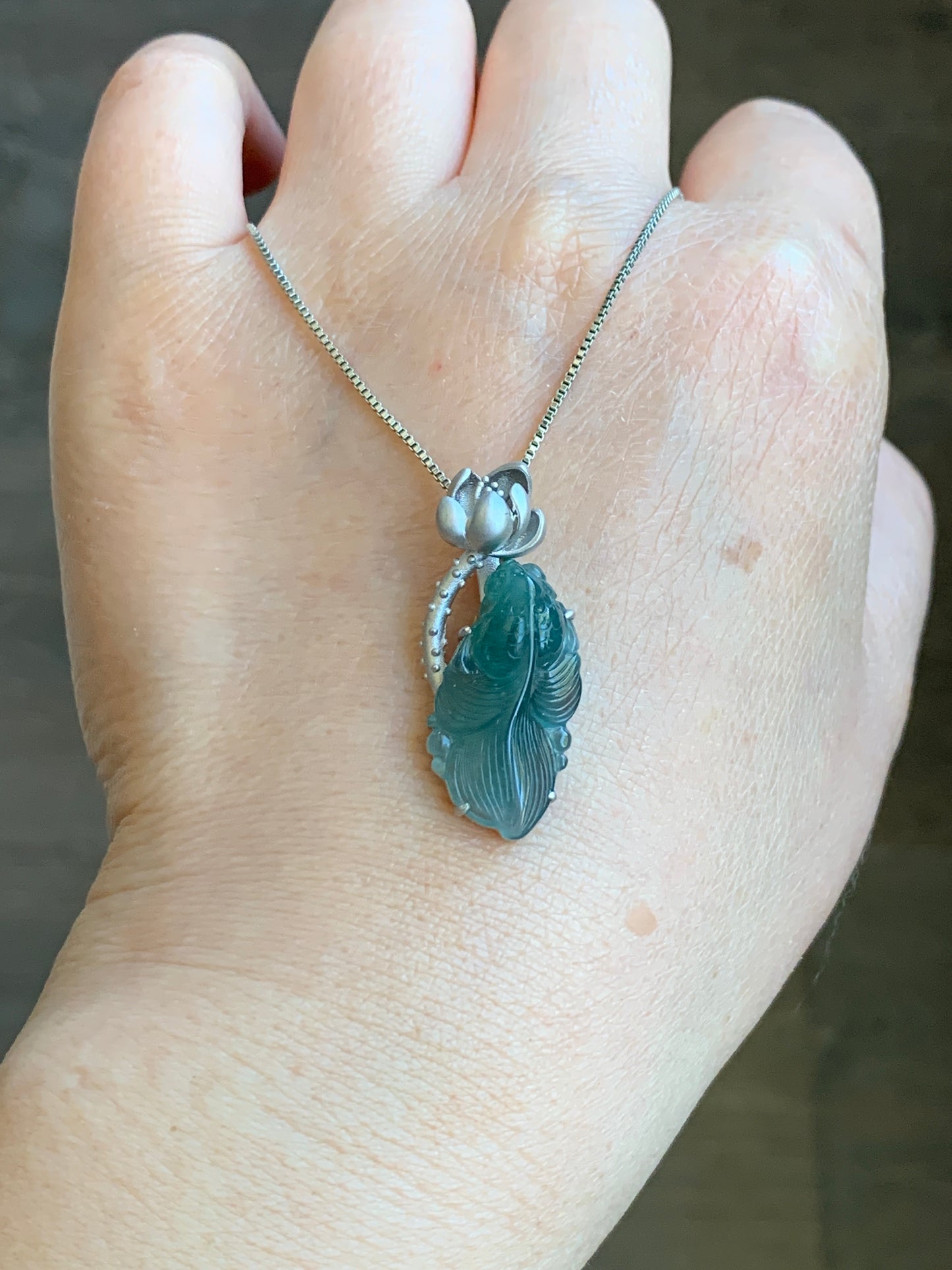 Certified Natural Guatemalan Premium Icy Highly Translucent Dark Teal Blue Jade Jadeite Goldfish Pendant Sterling Silver 天然冰危湖水蓝翡翠金鱼镶嵌吊坠 8618