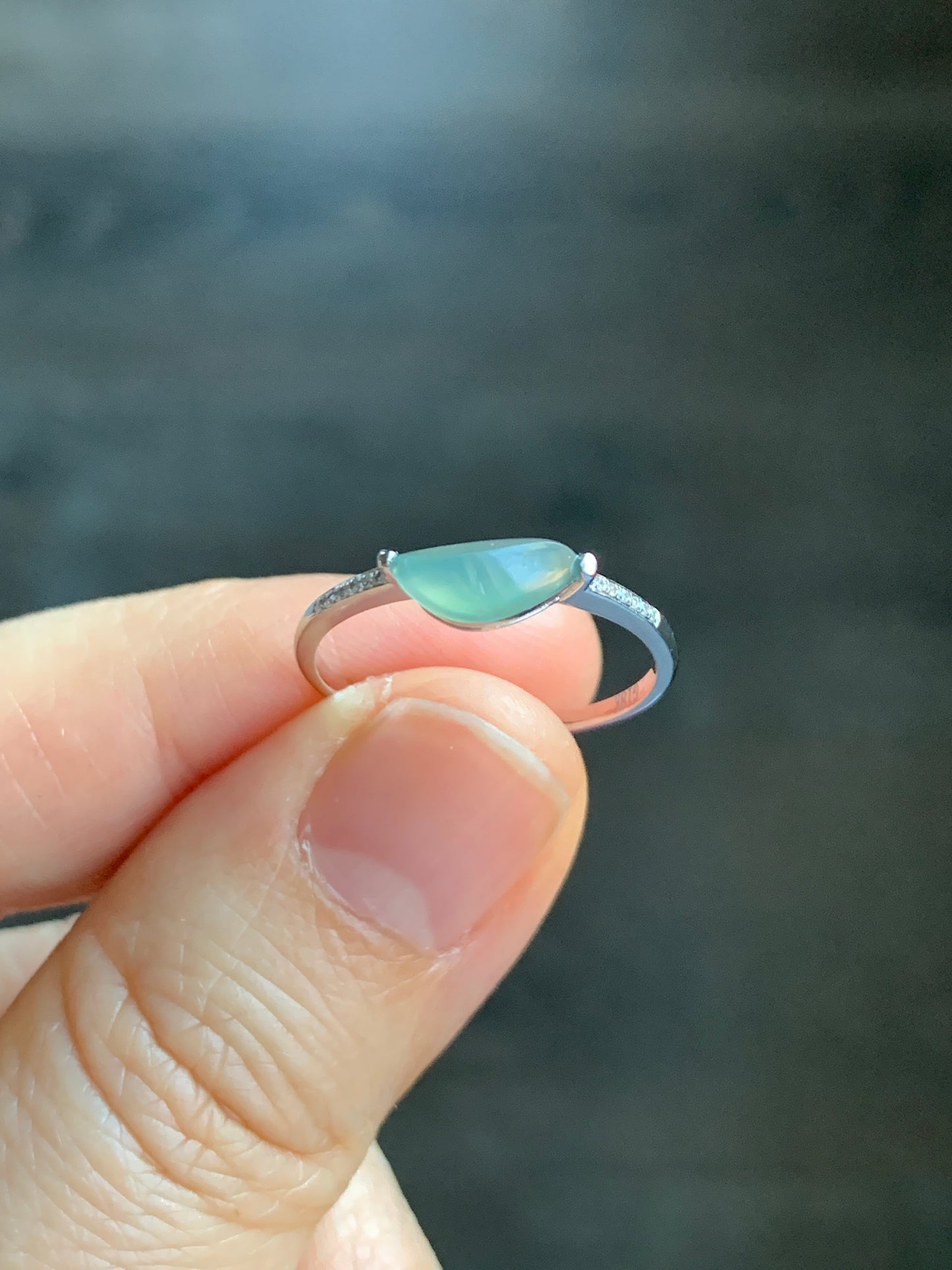 Certified Icy Highly Translucent Light Green Jadeite Horse Eye Cabochon Ring 18K White Gold  Diamonds Sz 7 US 1.38g 天然冰晴绿翡翠马眼钻石镶嵌戒指 3843