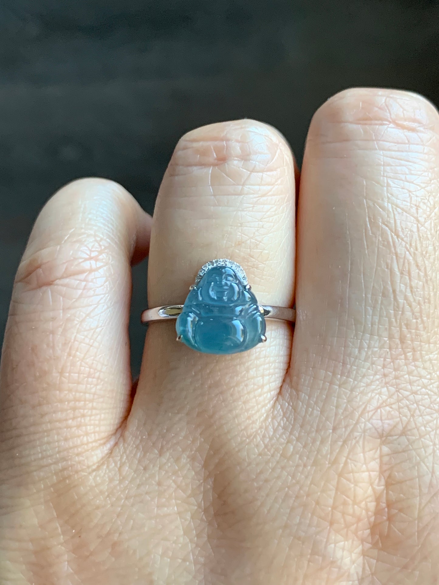 Certified Natural Guatemalan Highly Translucent Blue Jadeite Buddha & Diamond Ring 18K White Gold Size 7 天然高冰危蓝水翡翠佛公钻石镶嵌戒指