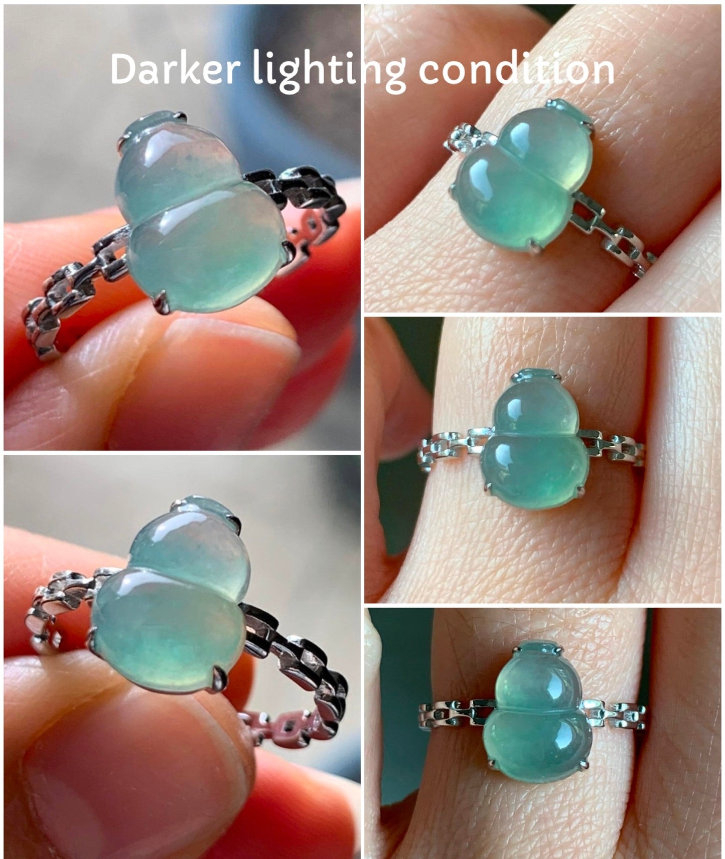 Certified Natural Grade A  Premium Icy Highly Translucent Light Green Jadeite Hulu Gourd Ring Buckle Link 18K White Gold Sz 7 天然正冰起光晴色翡翠葫芦镶嵌戒指