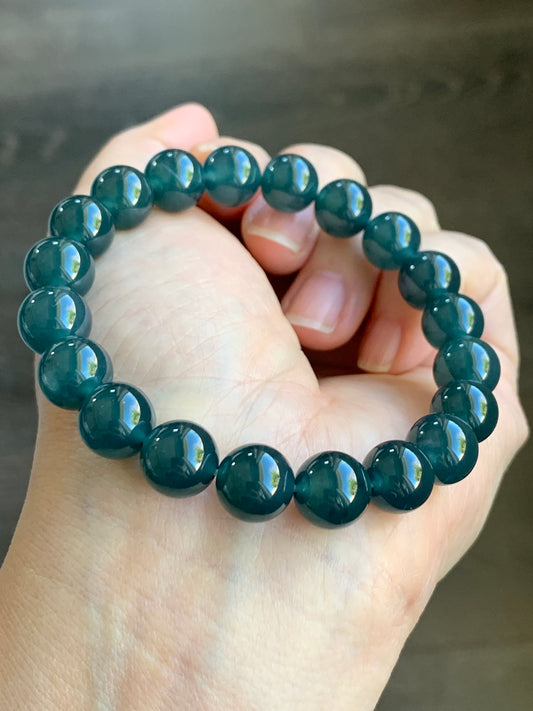 Certified Natural Grade A Icy Highly Translucent Gelatinous Dark Teal Blue Jadeite Beaded Bracelet 9.9mm 7.25” 33g 7817