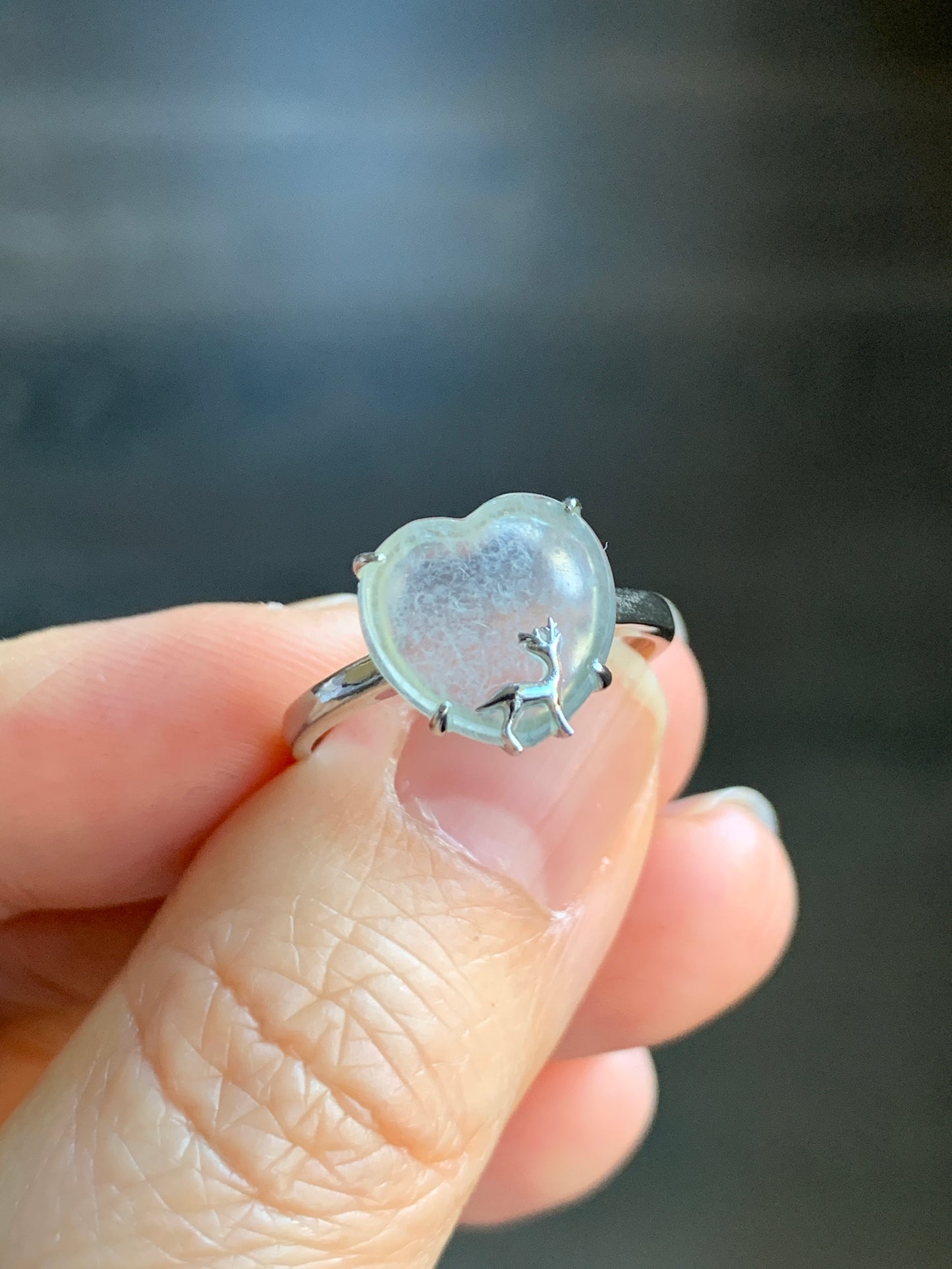 Certified Natural Grade A Premium Icy Transparent White Jadeite Heart w/ Deer Ring 18K White Gold Size 7 2.38g 天然玻璃种起钢白冰翡翠爱心小鹿镶嵌戒指 3887