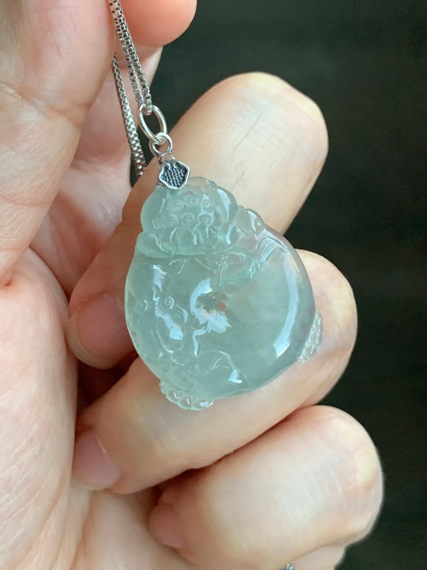 Certified Natural  Premium Icy Light Green Jadeite Lotus Flower Goldfish Ping An Kou Donut Pendant Sterling Silver 天然冰胶起光晴底翡翠莲花鱼吊坠