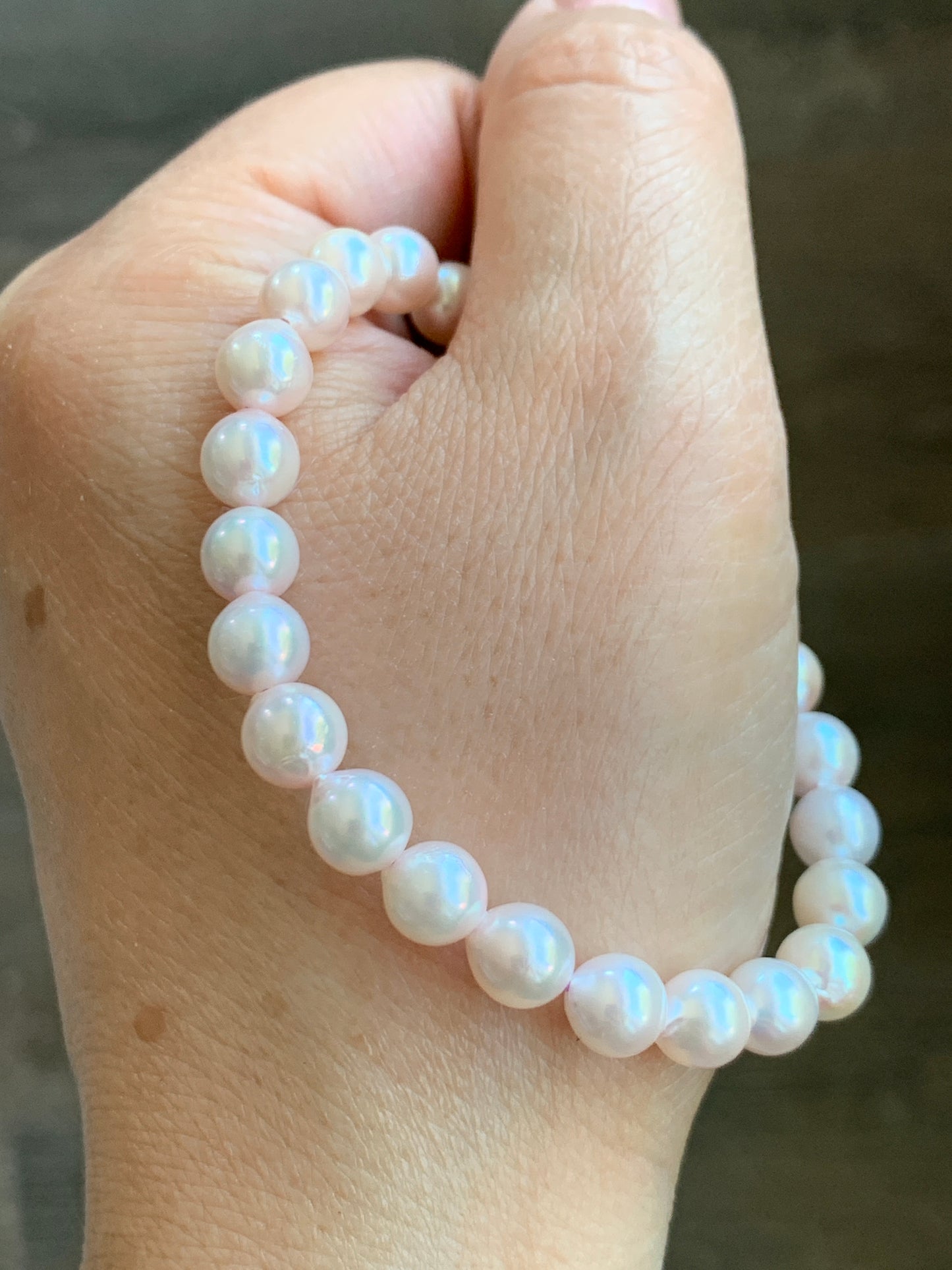Natural Saltwater Akoya Peachy Blush Pearls and 925 Sterling Silver Ball Beaded Bracelet Stretchy 7” 天然淡粉海水珍珠纯银珠手串