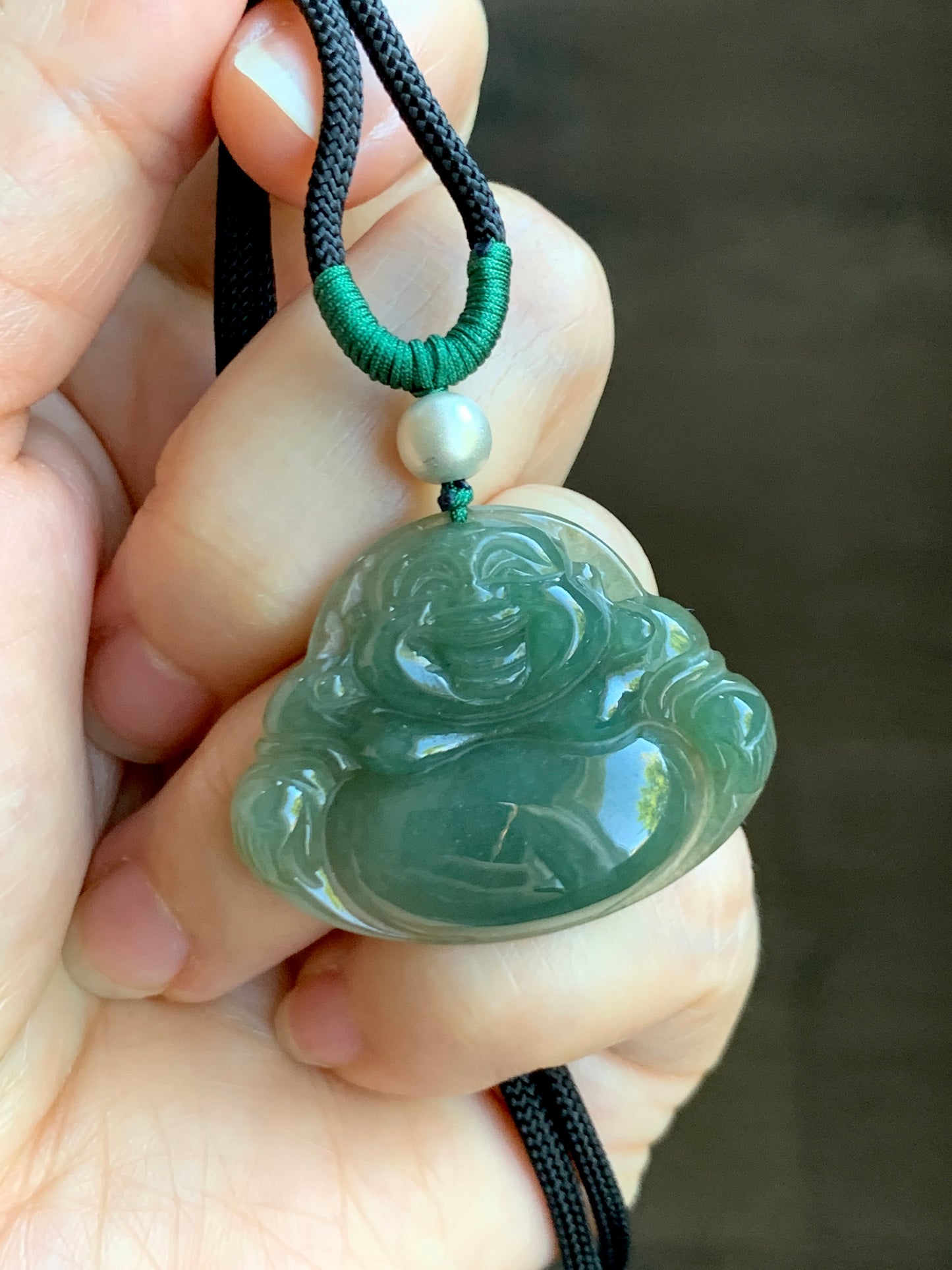 Natural  Icy Translucent Gelatinous Dark "Tea" Green Jadeite Buddha Pendant Rope Necklace Sterling Silver 28” 天然老油青翡翠佛公吊坠 LYQ225D