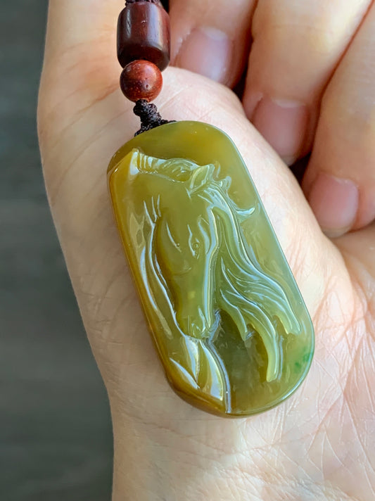 Stunning Natural Guatemalan grade A Icy Translucent Intense Yellow Jadeite w/ Green Marbling Horse Pendant Rope Necklace 天然冰危浓黄飘绿翡翠马牌吊坠挂件