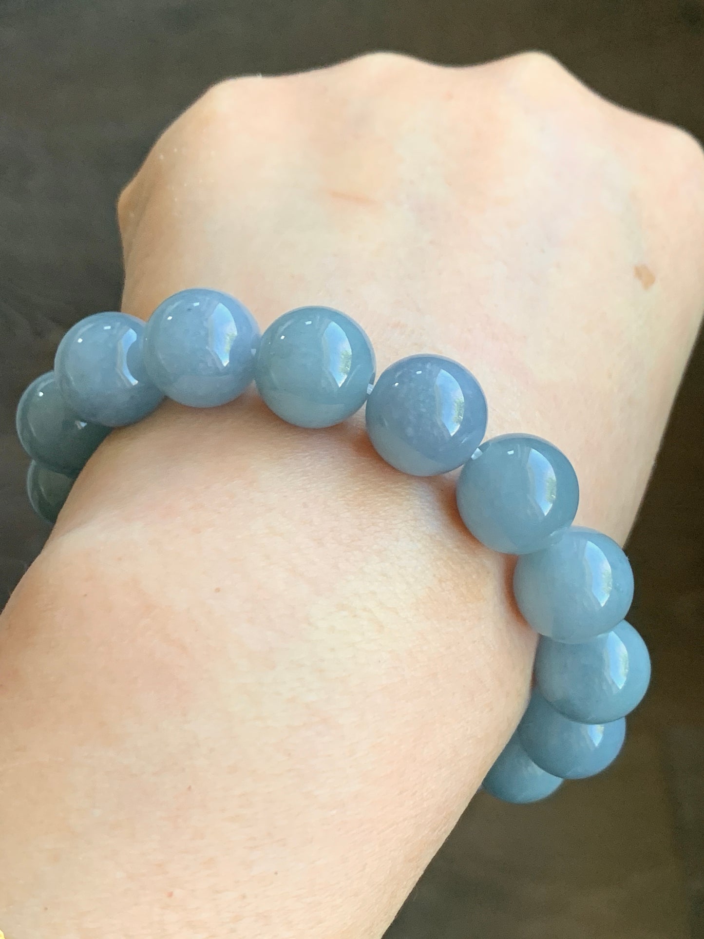 Certified Natural Grade A Icy Translucent Dusty Light Blue Jadeite Large Beaded Bracelet 12.3mm 7.75” 54g 7851