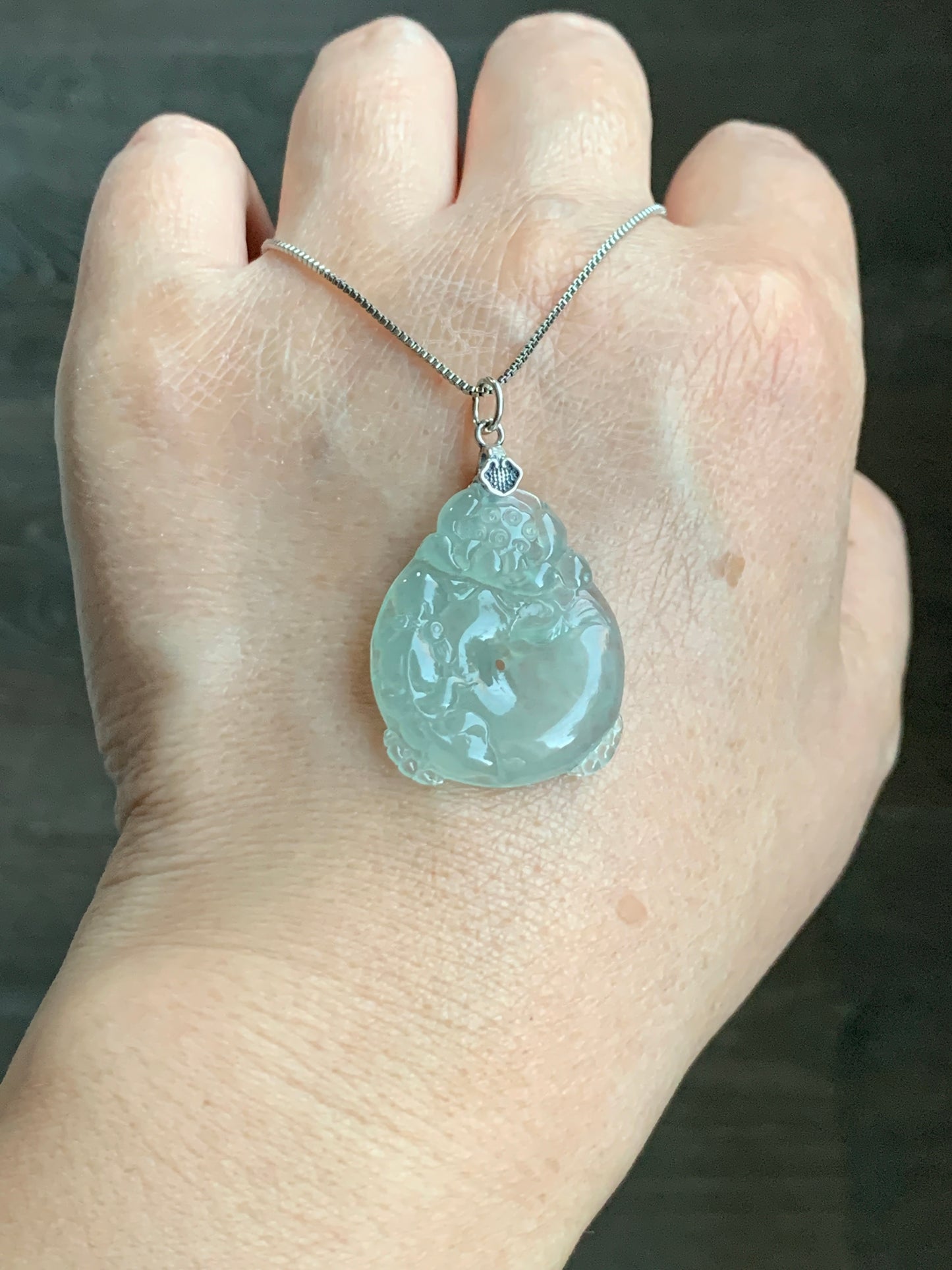 Certified Natural  Premium Icy Light Green Jadeite Lotus Flower Goldfish Ping An Kou Donut Pendant Sterling Silver 天然冰胶起光晴底翡翠莲花鱼吊坠