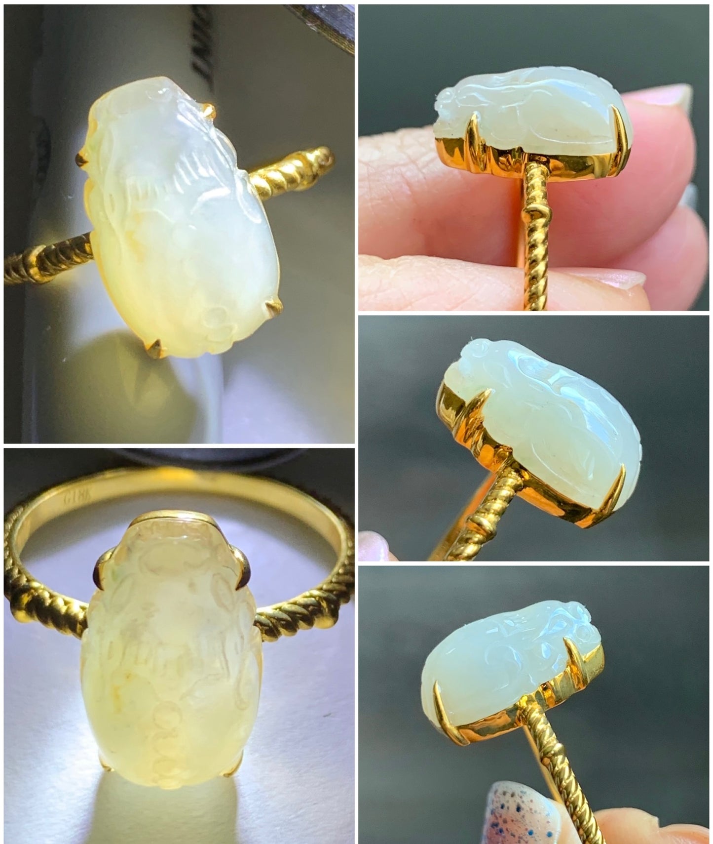 Certified Natural Grade A Icy Translucent Gelatinous Light Beige Jadeite Pixiu Ring Size 7 18K Yellow Gold 3.55g 天然冰胶雪梨黄翡翠貔貅镶嵌戒指 7063