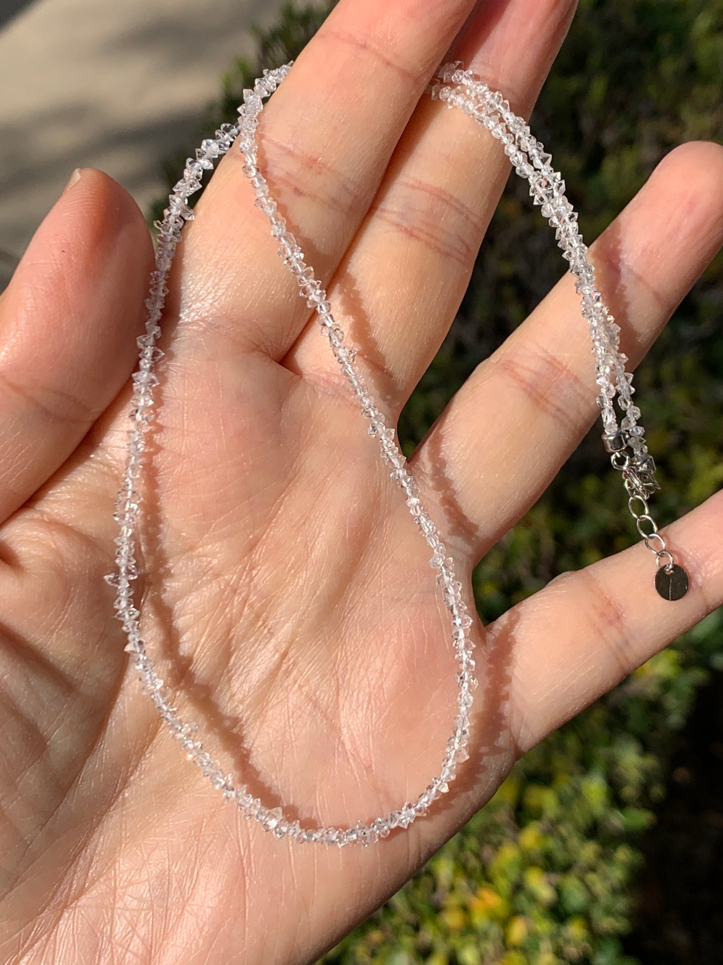 Certified Natural White Quartz Chips Beaded Necklace Sterling Silver Clasp 2.6mm 16.5”-17.25” 3.16g 天然白水晶碎碎项链