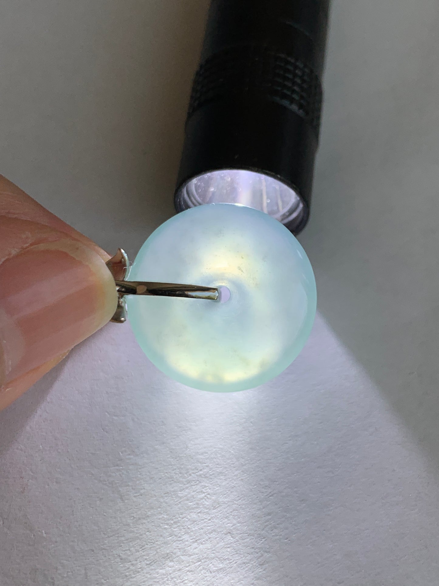 Certified Natural Guatemalan Icy Highly Translucent Light Teal Blue Jadeite Ping An Kou Donut Pendant 14K White Gold 天然冰危蓝绿平安扣镶嵌吊坠 9457