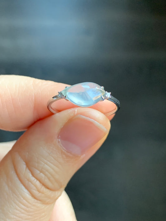 Certified Natural Grade A Premium Icy White Jadeite Horse Eye Cabochon Ring 18K White Gold Diamonds Size 7 US 1.65g 天然高冰木纳翡翠马眼镶嵌戒指 7066
