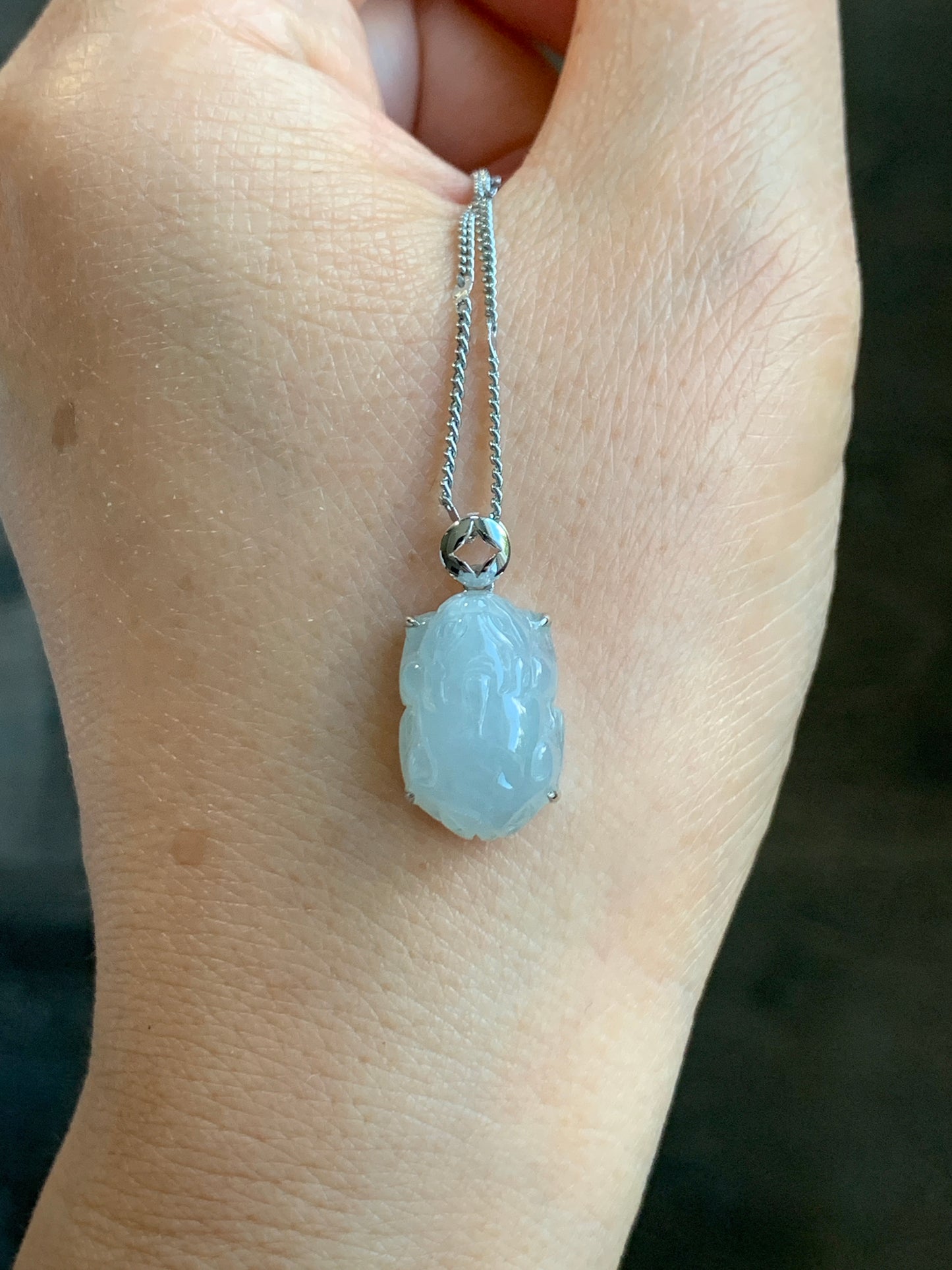 Certified Natural Grade A Icy Translucent Gelatinous Pastel Dusty Blue Jadeite Carved Petite Pixiu Pendant 18K White Gold 天然冰胶淡蓝翡翠貔貅镶嵌吊坠2296